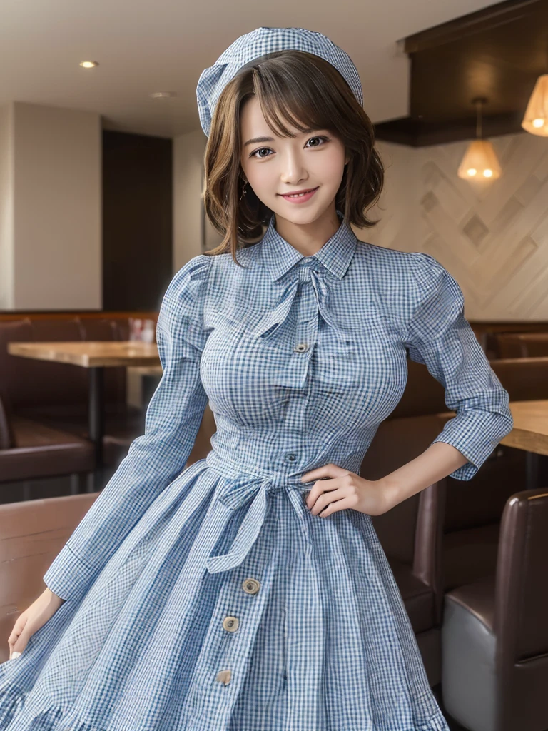 (masterpiece:1.5),(highest quality:1.5),(Highest quality:1.5),(8K:1.5),(Watching the audience),(Big Breasts:1.3),smile,(bed:1.2),Slender,Narrow waist,Beautiful and thin legs,(Gingham check light blue dress:1.2),(Family Restaurant Uniforms:1.2)
