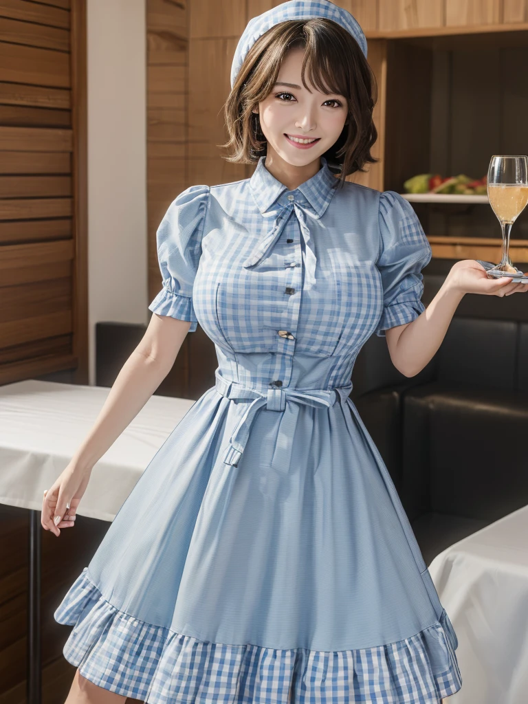 (masterpiece:1.5),(highest quality:1.5),(Highest quality:1.5),(8K:1.5),(Watching the audience),(Big Breasts:1.3),smile,(bed:1.2),Slender,Narrow waist,Beautiful and thin legs,(Gingham check light blue dress:1.2),(Family Restaurant Uniforms:1.2)