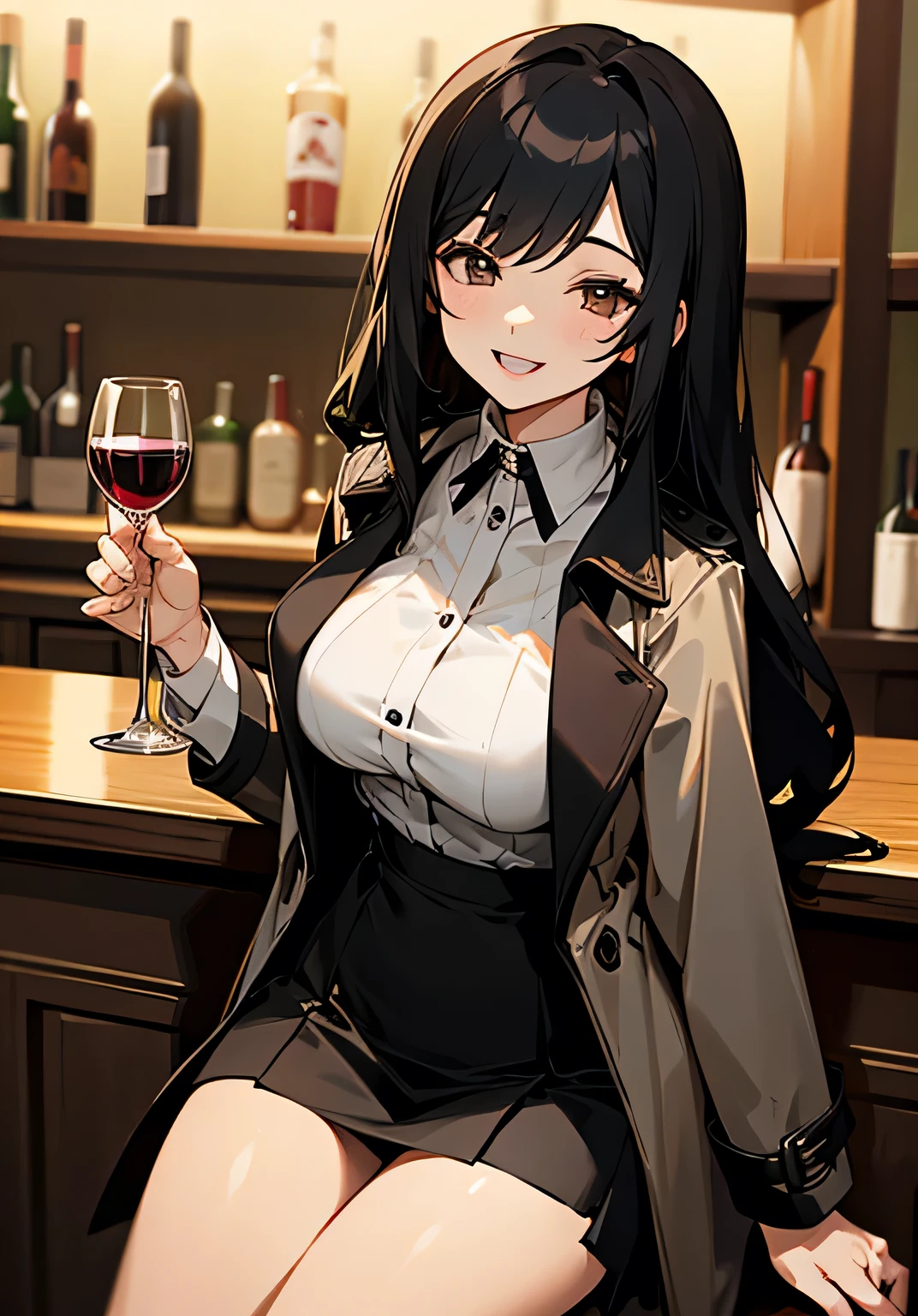 {best quality}、bar、bar counter、Sitting on a counter chair、smiling at me、With a wine glass in one hand、Long black hair、24Old woman、Large beautiful breasts、Fearless smile、openmouth、smile、trench coat、short-skirt、cowboy shot