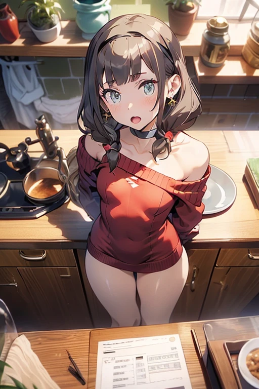 (small breasts:1.3), (perky chest:1.1), (pointed chest:1.0), (fashion magazine cover:1.3),(from above:1.0),(from side:0.9),masterpiece, 1girl, Amazing Cleavage:1.1, thin waist, big ass, Raised sexy, small breast: 1.3, posed cleavage:1.2、solo, looking at viewer, open mouth, have a cute grass of cute beergrass,black hair, dark green eyes, dress, bare shoulders, jewelry, collarbone, sidelocks, hairband, earrings, indoors, off shoulder, :o, sweater, arms behind back, plant, short hair with long locks, gild hairband, off-shoulder dress, sweater dress, off-shoulder sweater, red sweater, dark gord hair, big side hair, very long side hair,is rendered in (masterpiece: 1.2, best quality), with (ultra high resolution) and an exquisite (depth of field). This masterpiece is not only visually stunning but also tells,A scene of cooking in the kitchen by classroom