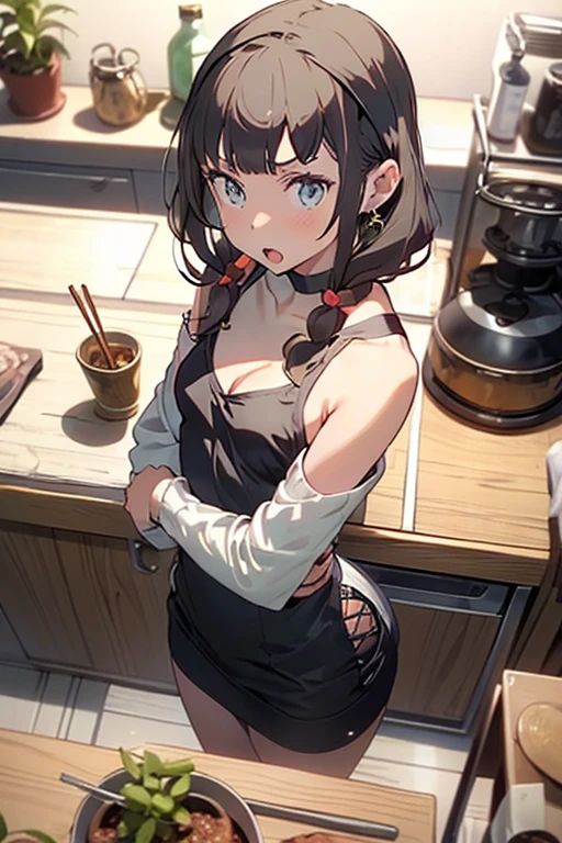 1girl, solo, hair ornament, (naked:1.3), (white apron), large breasts, cleavage, thighs, kitchen background, (blushing:1.3), naga, brown hair, ponytail, golden eyes, dark skin, gal, naga, lewd, she is wet, ponytail, short hair, black skin, shiny