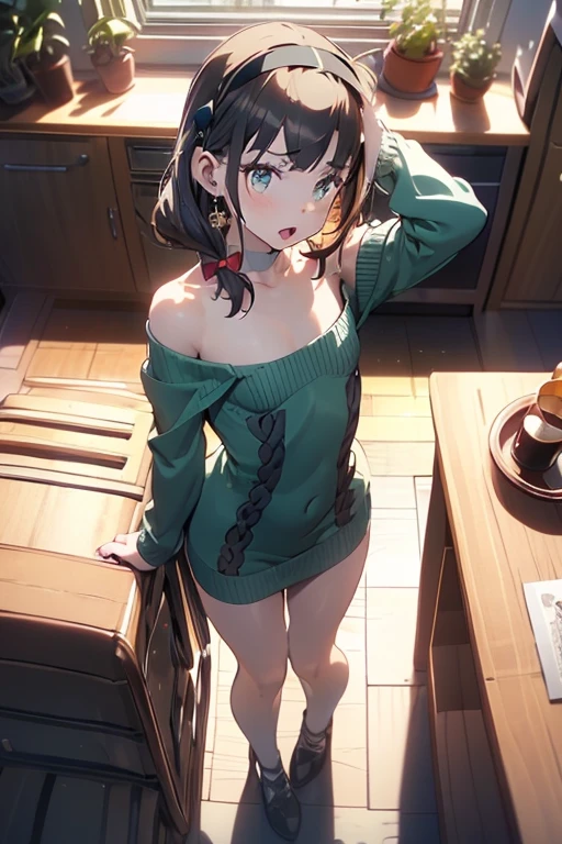 (small breasts:1.3), (perky chest:1.1), (pointed chest:1.0), (fashion magazine cover:1.3),(from above:1.0),(from side:0.9),masterpiece, 1girl, Amazing Cleavage:1.1, thin waist, big ass, Raised sexy, small breast: 1.3, posed cleavage:1.2、solo, looking at viewer, open mouth, have a cute grass of cute beergrass,black hair, dark green eyes, dress, bare shoulders, jewelry, collarbone, sidelocks, hairband, earrings, indoors, off shoulder, :o, sweater, arms behind back, plant, short hair with long locks, gild hairband, off-shoulder dress, sweater dress, off-shoulder sweater, red sweater, dark gord hair, big side hair, very long side hair,is rendered in (masterpiece: 1.2, best quality), with (ultra high resolution) and an exquisite (depth of field). This masterpiece is not only visually stunning but also tells,A scene of cooking in the kitchen by classroom