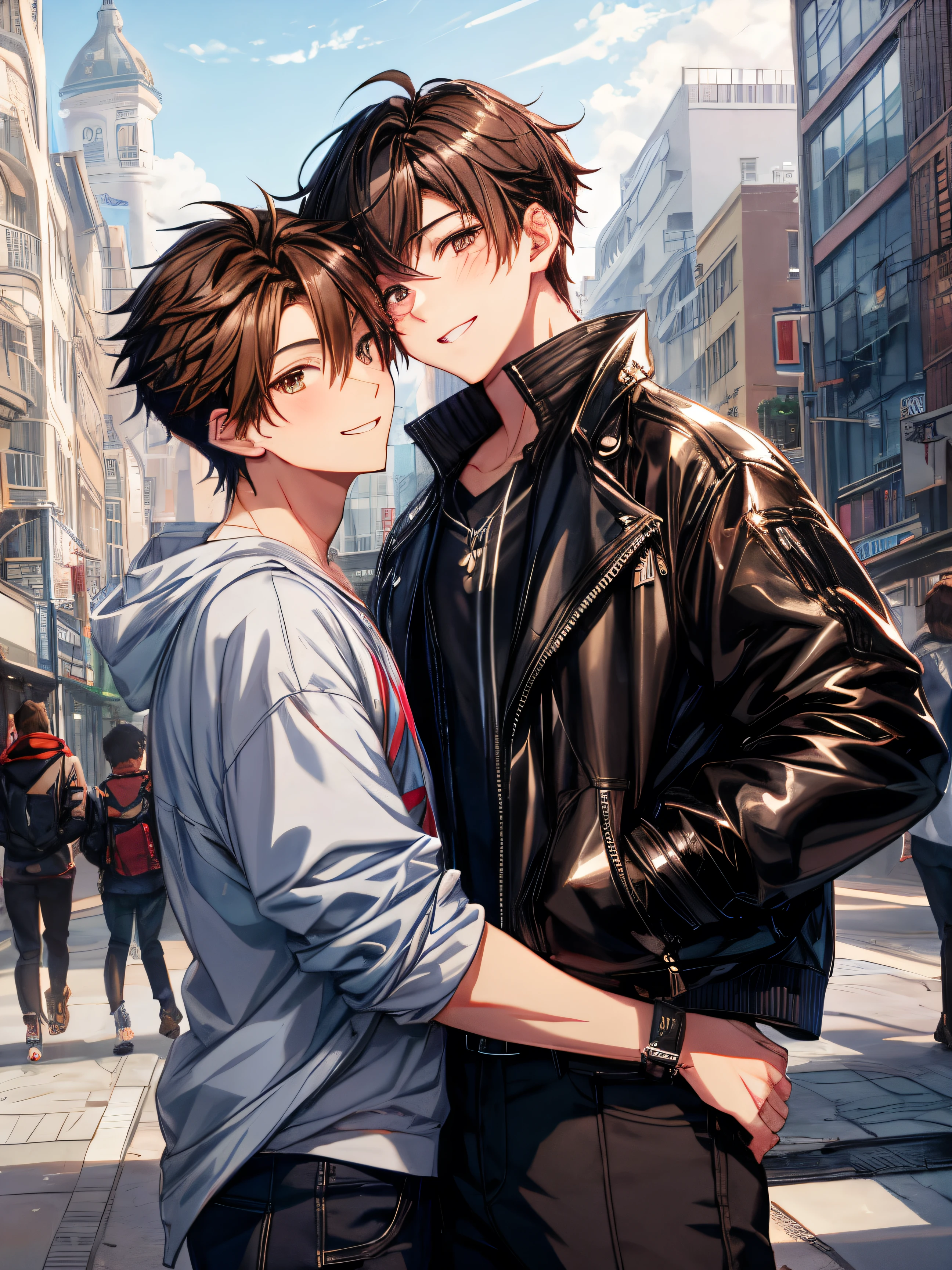 Cartoon same-sex couple on the street with buildings in the background, guweiz, artwork in the style of guweiz, Yaoi, Cute boys, Two anime handsome men, Beautiful Boys, male art、(((Male Focus))),ember、(((Two men)))、ember、(((Boys Love)))、youthfulnesan and man, Face, Looking at Viewer, (A dark-haired)、((Brown hair))、A smile、Flirting