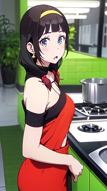 (small breasts:1.3), (perky chest:1.1), (pointed chest:1.0), (fashion magazine cover:1.3),(from above:1.0),(from side:0.9),masterpiece, 1girl, Amazing Cleavage:1.1, thin waist, big ass, Raised sexy, small breast: 1.3, posed cleavage:1.2、solo, looking at viewer, open mouth, have a cute grass of cute beergrass,black hair, dark green eyes, dress, bare shoulders, jewelry, collarbone, sidelocks, hairband, earrings, indoors, off shoulder, :o, sweater, arms behind back, plant, short hair with long locks, gild hairband, off-shoulder dress, sweater dress, off-shoulder sweater, red sweater, dark gord hair, big side hair, very long side hair,is rendered in (masterpiece: 1.2, best quality), with (ultra high resolution) and an exquisite (depth of field). This masterpiece is not only visually stunning but also tells,A scene of cooking in the kitchen by classroom