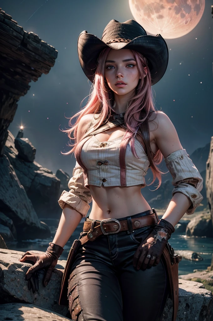 (masterpiece,stunning girlfriend, (standing:1.1), dynamic pose, heart shaped face, elegant face, beautiful face, highly detailed face, highly detailed skin, skin pores, subsurface scattering, realistic pupils, looking at viewer, full lips, detailed background, depth of field, atmospheric perspective, volumetric lighting, sharp focus, absurdres, realistic proportions, good anatomy, (realistic, hyperrealistic:1.4), 16k hdr, neopolitan, neopolitan, long hair, brown hair, (brown eyes:1.3), brown eyes, pink eyes, (heterochromia:1.2), ((two-tone hair, split-color hair, pink hair, brown hair, multicolored hair)), BREAK gloves, hat, navel, detached sleeves, midriff, belt, pants, white gloves, black headwear, bowler hat, hands on hips, BREAK outdoors, night, stars, moon, post-apocalypse, dystopian future, in cave mouth, river, rocks, (crowd in military uniforms), bonfires, BREAK looking at viewer, (cowboy shot:1.5), BREAK (masterpiece:1.2), best quality, high resolution, unity 8k wallpaper, (illustration:0.8), (beautiful detailed eyes:1.6), extremely detailed face, perfect lighting, extremely detailed CG, (perfect hands, perfect anatomy), sitting on rock