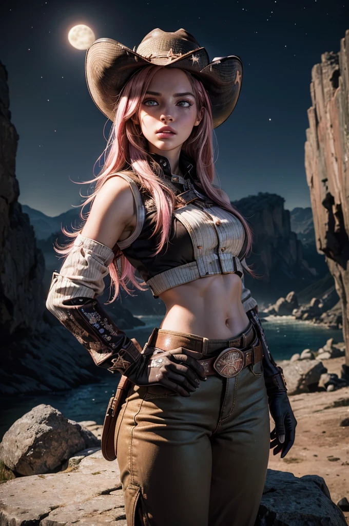 (masterpiece,stunning girlfriend, (standing:1.1), dynamic pose, heart shaped face, elegant face, beautiful face, highly detailed face, highly detailed skin, skin pores, subsurface scattering, realistic pupils, looking at viewer, full lips, detailed background, depth of field, atmospheric perspective, volumetric lighting, sharp focus, absurdres, realistic proportions, good anatomy, (realistic, hyperrealistic:1.4), 16k hdr, neopolitan, neopolitan, long hair, brown hair, (brown eyes:1.3), brown eyes, pink eyes, (heterochromia:1.2), ((two-tone hair, split-color hair, pink hair, brown hair, multicolored hair)), BREAK gloves, hat, navel, detached sleeves, midriff, belt, pants, white gloves, black headwear, bowler hat, hands on hips, BREAK outdoors, night, stars, moon, post-apocalypse, dystopian future, in cave mouth, river, rocks, (crowd in military uniforms), bonfires, BREAK looking at viewer, (cowboy shot:1.5), BREAK (masterpiece:1.2), best quality, high resolution, unity 8k wallpaper, (illustration:0.8), (beautiful detailed eyes:1.6), extremely detailed face, perfect lighting, extremely detailed CG, (perfect hands, perfect anatomy), sitting on rock