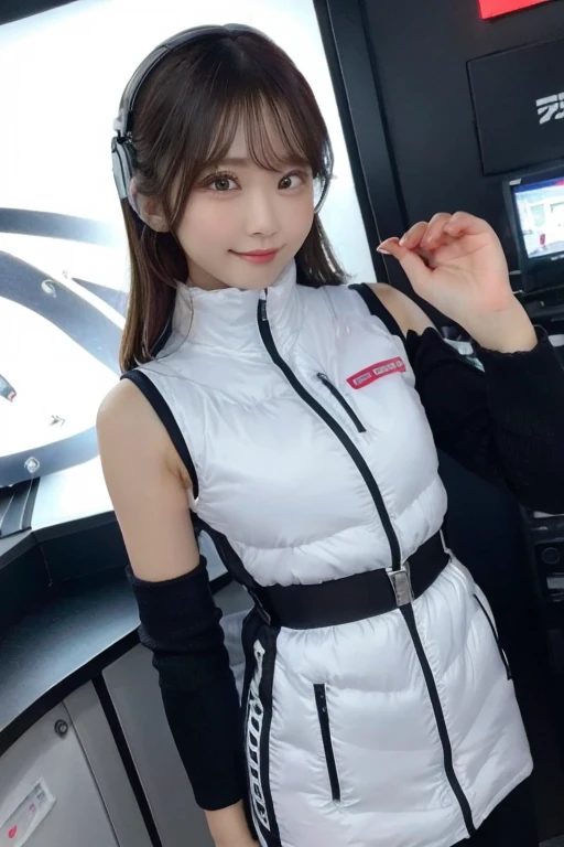 An innocent 20-year-old girl、((White tank top, Dramatic Pose)),smile,BREAK (Spacecraft control room background):2,、BREAK RAW Photos, (8k、highest quality、masterpiece:1.2)、(Intricate details:1.4)、(Photorealistic:1.4)、Octane Rendering、Complex 3D rendering with ultra-detail, Studio Soft Light, Rim Light, Vivid details, Super Detail, Realistic skin texture, Detailed aspect, Beautiful details in the eyes, Highly detailed CG Unity 16k wallpaper, compensate, (Detailed Background:1.2), Glowing Skin, whole body、(astrovest):2,(black long sleeves):5,headphone,smartwatch,((Standing with hands behind back、Leaning forward、Angle from above))