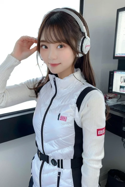 An innocent 20-year-old girl、((White tank top, Dramatic Pose)),smile,BREAK (Spacecraft control room background):2,、BREAK RAW Photos, (8k、highest quality、masterpiece:1.2)、(Intricate details:1.4)、(Photorealistic:1.4)、Octane Rendering、Complex 3D rendering with ultra-detail, Studio Soft Light, Rim Light, Vivid details, Super Detail, Realistic skin texture, Detailed aspect, Beautiful details in the eyes, Highly detailed CG Unity 16k wallpaper, compensate, (Detailed Background:1.2), Glowing Skin, whole body、(astrovest):2,(black long sleeves):5,headphone,smartwatch,((Standing with hands behind back、Leaning forward、Angle from above))