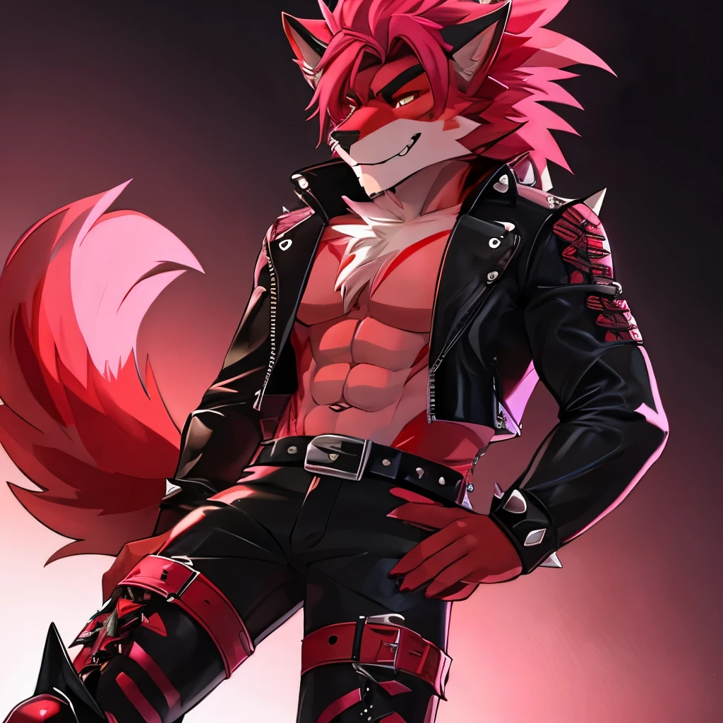 A wolfman with crimson red fur and pink streaks in his hair wearing a black spiked leather jacket with a black tail with pink streaks  and a spiked leather boots with belts on them