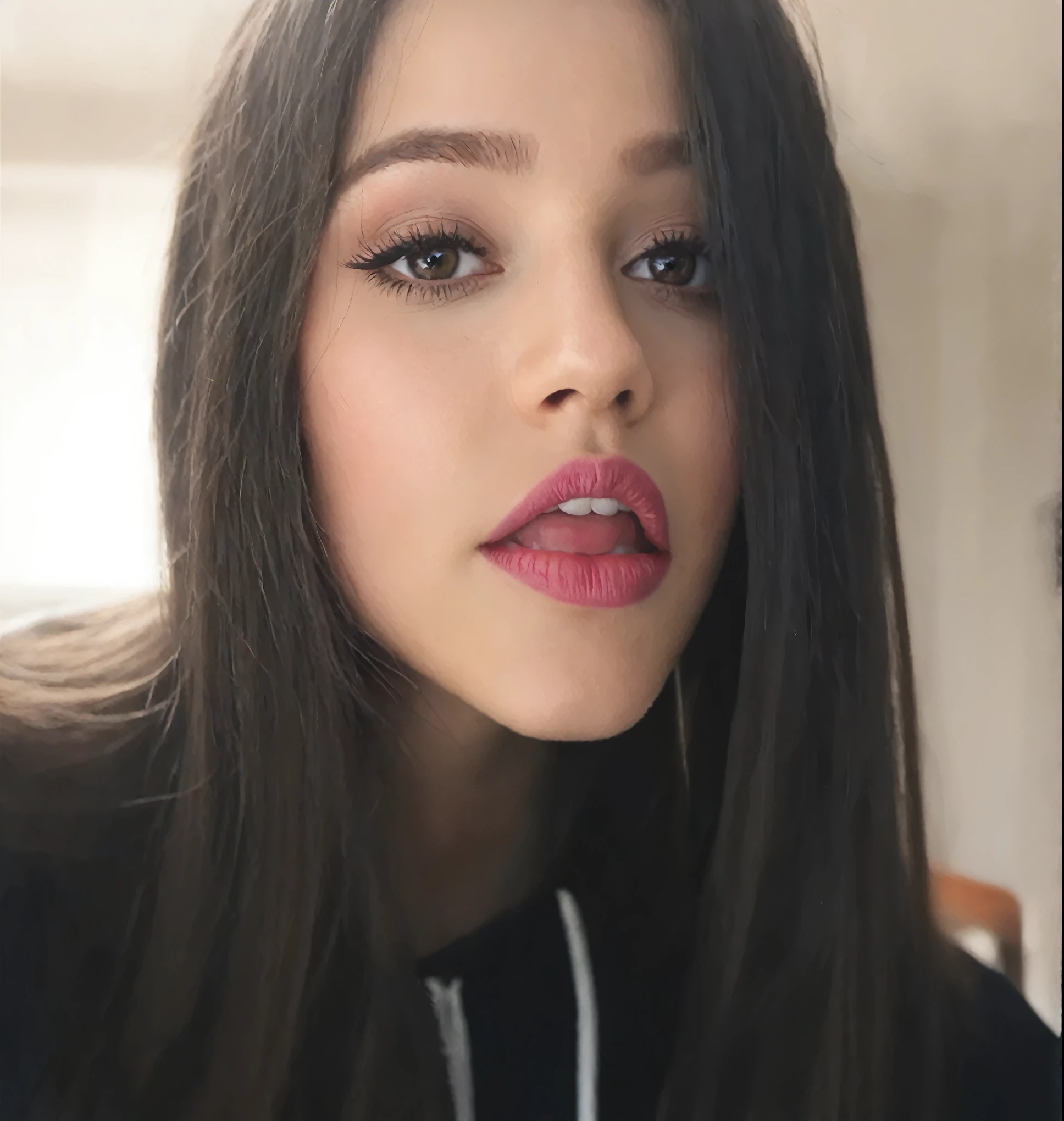 Arafed Frau mit langen Haaren streckt die Zunge heraus, Zunge raus, she has a sweet face, She has a sweet, ausdrucksstarkes Gesicht, ihr Gesicht sieht aus wie eine Orchidee, sehr albern aussehend, weiches Devil Queen Madison Bier, with Mund offen, Mund offen, niedliches albernes Gesicht, Sie ist etwa 16 Jahre alt, pokimane, Kailee Mandel