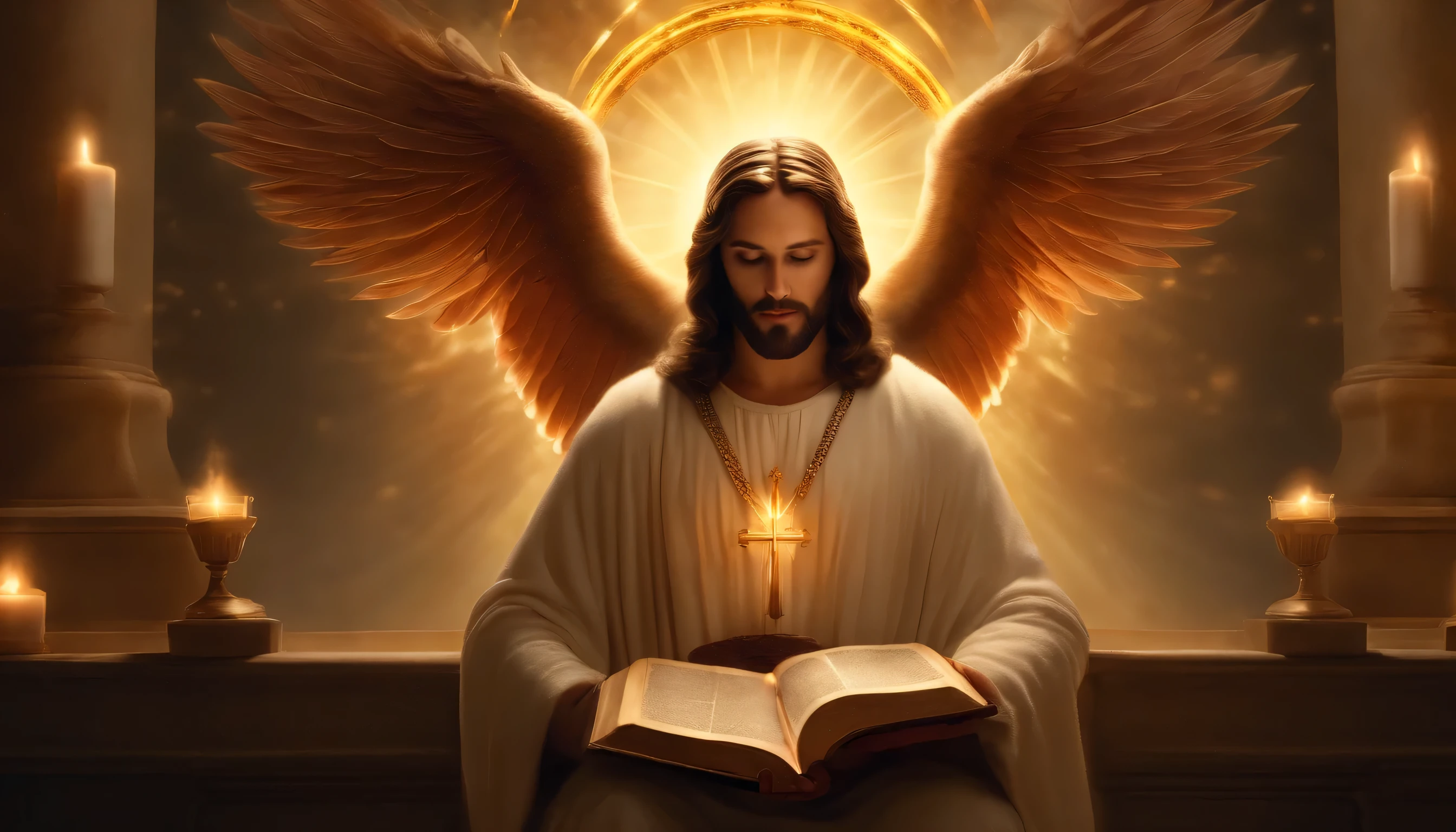 Highly detailed background with Jesus Christ with flaming wings holding the Bible above his head halo of light, ouro, motor irreal, arte por Mark Ryden, Lostfish, Earl Norem, Global illumination, raios de sol, ambiente detalhado e intrincado, Elden Ring Style, image size up to 6MB with at least 2.048 x 1.152 pixels