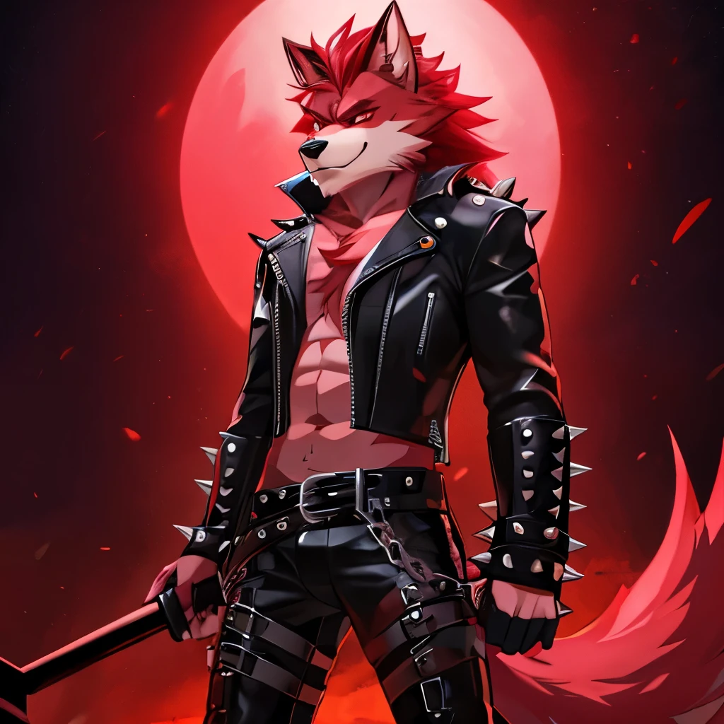 A wolfman with crimson red fur and pink streaks in his hair wearing a black spiked leather jacket with a black tail with pink streaks and a spiked leather boots with belts on them