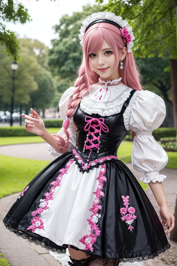 sexy stylish Swedish model, only 1 female, ((doll-like appearance)), long neon pink stylish hair, ((ultra detailed Victorian-Style boots)), (big smile), ultra detailed eyes, lipgloss, long lashes, defined eyebrows, ((sexy Paradise Kiss cosplay)), bell-shaped skirt, petticoats, high neckline, puffed sleeves, ((ultra detailed lace)), ((ultra detailed embroidery)), intricate details, Paradise Kiss accessoires and matching headpiece, choker, ((large sparkling Paradise Kiss jewelry)), cinematic light, detailed large park background with trees