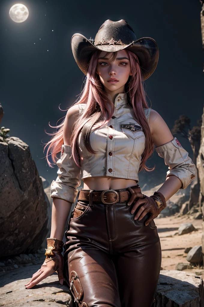 (masterpiece,stunning girlfriend, (standing:1.1), dynamic pose, heart shaped face, elegant face, beautiful face, highly detailed face, highly detailed skin, skin pores, subsurface scattering, realistic pupils, looking at viewer, full lips, detailed background, depth of field, atmospheric perspective, volumetric lighting, sharp focus, absurdres, realistic proportions, good anatomy, (realistic, hyperrealistic:1.4), 16k hdr, neopolitan, neopolitan, long hair, brown hair, (brown eyes:1.3), brown eyes, pink eyes, (heterochromia:1.2), ((two-tone hair, split-color hair, pink hair, brown hair, multicolored hair)), BREAK gloves, hat, navel, detached sleeves, midriff, belt, pants, white gloves, black headwear, bowler hat, hands on hips, BREAK outdoors, night, stars, moon, post-apocalypse, dystopian future, in cave mouth, river, rocks, (crowd in military uniforms), bonfires, BREAK looking at viewer, (cowboy shot:1.5), BREAK (masterpiece:1.2), best quality, high resolution, unity 8k wallpaper, (illustration:0.8), (beautiful detailed eyes:1.6), extremely detailed face, perfect lighting, extremely detailed CG, (perfect hands, perfect anatomy), sitting on rock