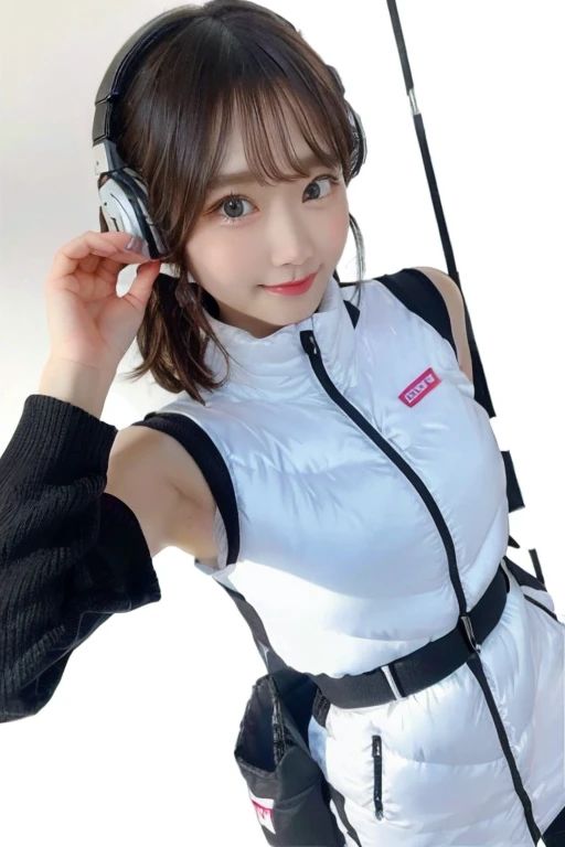 An innocent 20-year-old girl、((White tank top, Dramatic Pose)),smile,BREAK (Spacecraft control room background):2,、BREAK RAW Photos, (8k、highest quality、masterpiece:1.2)、(Intricate details:1.4)、(Photorealistic:1.4)、Octane Rendering、Complex 3D rendering with ultra-detail, Studio Soft Light, Rim Light, Vivid details, Super Detail, Realistic skin texture, Detailed aspect, Beautiful details in the eyes, Highly detailed CG Unity 16k wallpaper, compensate, (Detailed Background:1.2), Glowing Skin, whole body、(astrovest):2,(black long sleeves):5,headphone,smartwatch,((Standing with hands behind back、Leaning forward、Angle from above))