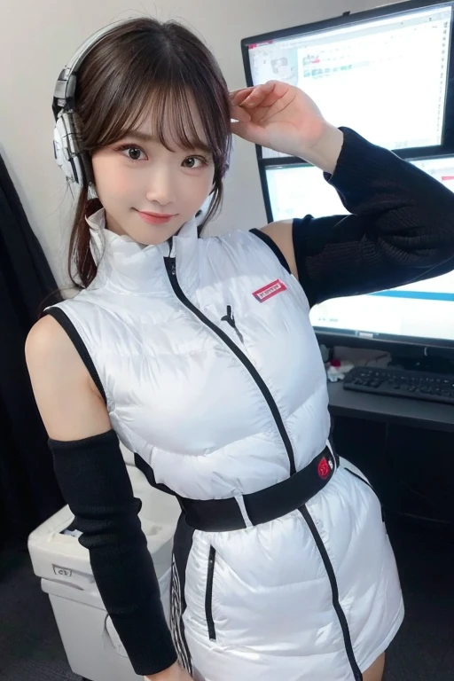An innocent 20-year-old girl、((White tank top, Dramatic Pose)),smile,BREAK (Spacecraft control room background):2,、BREAK RAW Photos, (8k、highest quality、masterpiece:1.2)、(Intricate details:1.4)、(Photorealistic:1.4)、Octane Rendering、Complex 3D rendering with ultra-detail, Studio Soft Light, Rim Light, Vivid details, Super Detail, Realistic skin texture, Detailed aspect, Beautiful details in the eyes, Highly detailed CG Unity 16k wallpaper, compensate, (Detailed Background:1.2), Glowing Skin, whole body、(astrovest):2,(black long sleeves):5,headphone,smartwatch,((Standing with hands behind back、Leaning forward、Angle from above))