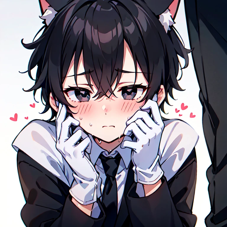 16-year-old boy，cute，Wear a white long-sleeved shirt and a black work tie，Wear black pants，Wear black booties，Wear white gloves，wear cat ear，Black hair，Black eyes，blush，sweat，shy，Uncomfortable，Glove removal action，Close-up photo