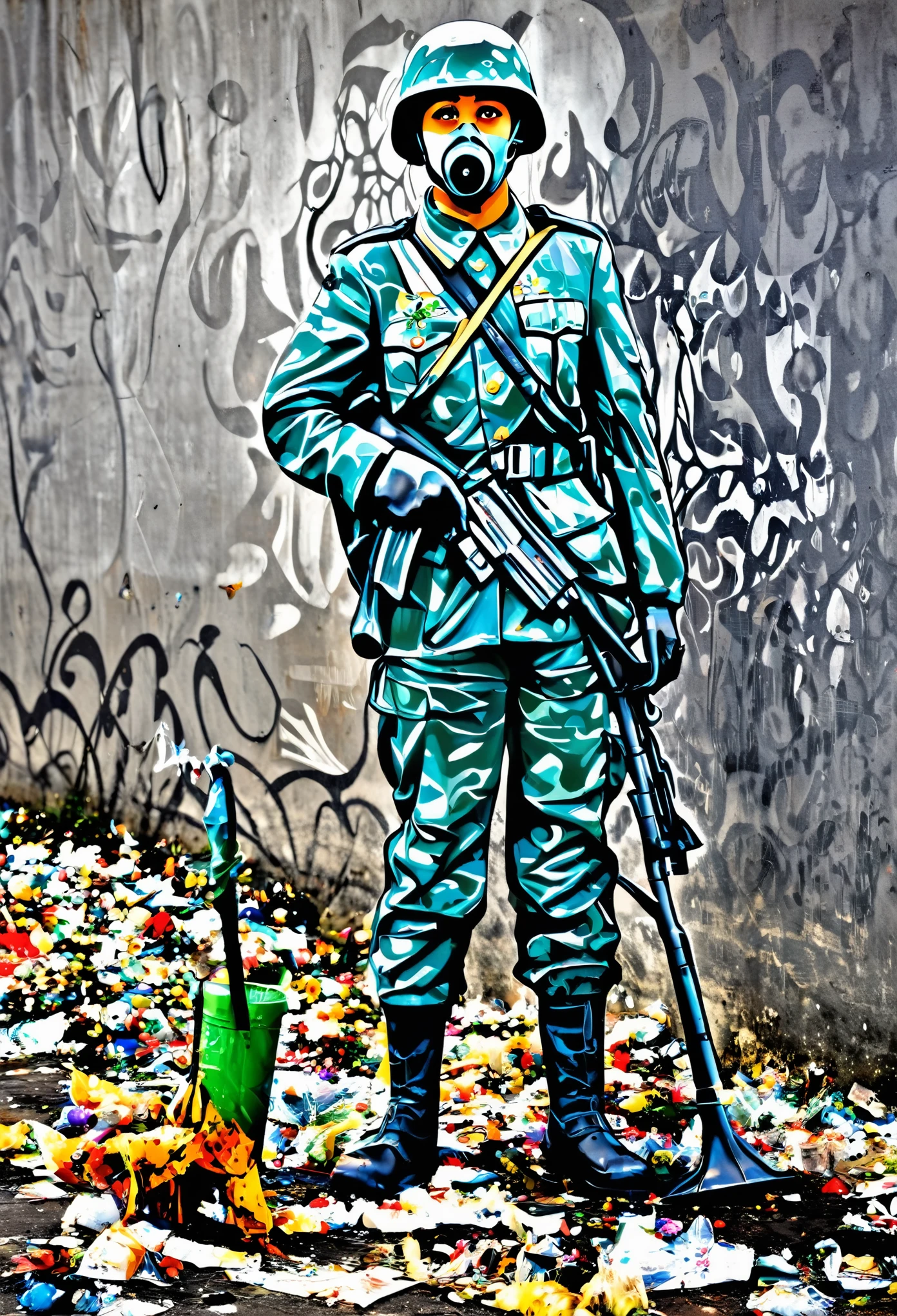 Soldado apontando um fuzil para uma mulher e ela colocando uma flor no cano da arma,the soldier represents pollution,the factories and the age and the woman representing the ocean and all its biodiversity