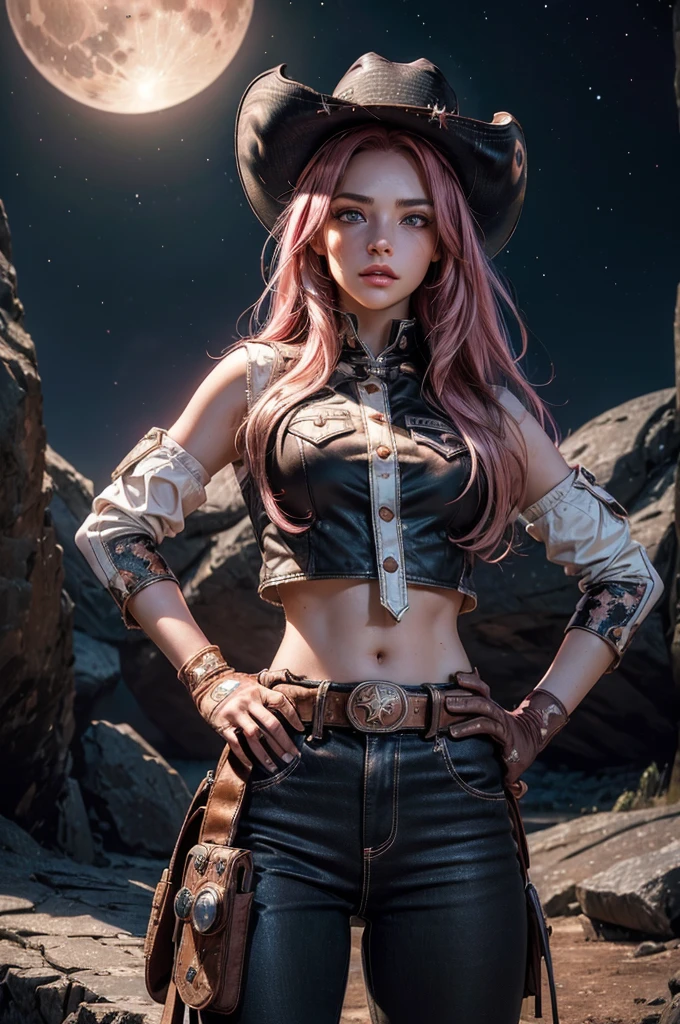 (masterpiece,stunning girlfriend, (standing:1.1), dynamic pose, heart shaped face, elegant face, beautiful face, highly detailed face, highly detailed skin, skin pores, subsurface scattering, realistic pupils, looking at viewer, full lips, detailed background, depth of field, atmospheric perspective, volumetric lighting, sharp focus, absurdres, realistic proportions, good anatomy, (realistic, hyperrealistic:1.4), 16k hdr,  neopolitan, neopolitan, long hair, brown hair, (brown eyes:1.3), brown eyes, pink eyes, (heterochromia:1.2), ((two-tone hair, split-color hair, pink hair, brown hair, multicolored hair)), BREAK gloves, hat, navel, detached sleeves, midriff, belt, pants, white gloves, black headwear, bowler hat, hands on hips, BREAK outdoors, night, stars, moon, post-apocalypse, dystopian future, in cave mouth, river, rocks, (crowd in military uniforms), bonfires, BREAK looking at viewer, (cowboy shot:1.5), BREAK (masterpiece:1.2), best quality, high resolution, unity 8k wallpaper, (illustration:0.8), (beautiful detailed eyes:1.6), extremely detailed face, perfect lighting, extremely detailed CG, (perfect hands, perfect anatomy)