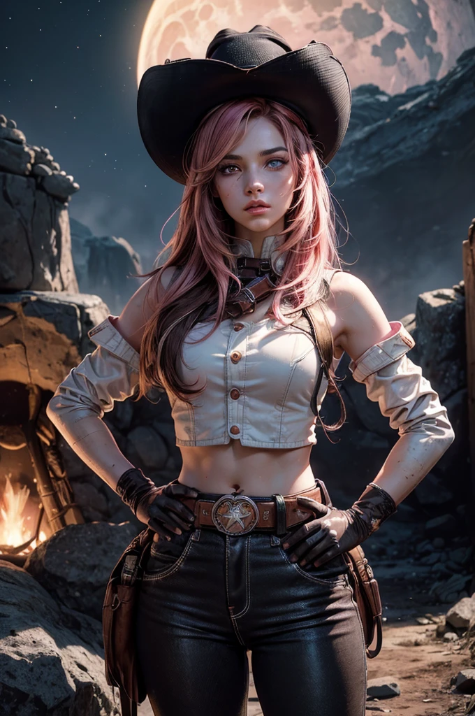 (masterpiece,stunning girlfriend, (standing:1.1), dynamic pose, heart shaped face, elegant face, beautiful face, highly detailed face, highly detailed skin, skin pores, subsurface scattering, realistic pupils, looking at viewer, full lips, detailed background, depth of field, atmospheric perspective, volumetric lighting, sharp focus, absurdres, realistic proportions, good anatomy, (realistic, hyperrealistic:1.4), 16k hdr, neopolitan, neopolitan, long hair, brown hair, (brown eyes:1.3), brown eyes, pink eyes, (heterochromia:1.2), ((two-tone hair, split-color hair, pink hair, brown hair, multicolored hair)), BREAK gloves, hat, navel, detached sleeves, midriff, belt, pants, white gloves, black headwear, bowler hat, hands on hips, BREAK outdoors, night, stars, moon, post-apocalypse, dystopian future, in cave mouth, river, rocks, (crowd in military uniforms), bonfires, BREAK looking at viewer, (cowboy shot:1.5), BREAK (masterpiece:1.2), best quality, high resolution, unity 8k wallpaper, (illustration:0.8), (beautiful detailed eyes:1.6), extremely detailed face, perfect lighting, extremely detailed CG, (perfect hands, perfect anatomy)