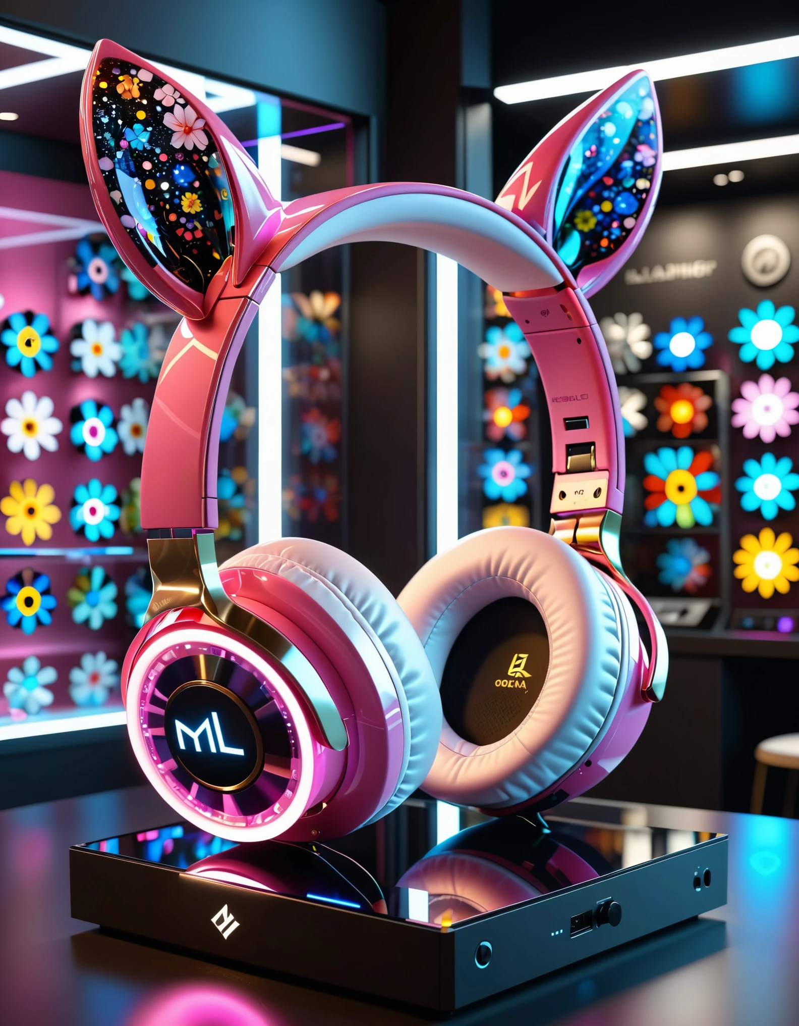 a futuristic rabbit ear headphones design, rabbit ears headphones:1.2, pink and white, sleek and streamlined, carbon fiber material, rabbit pattern, 3d render, octane render, 8k, UHD, highly detailed, on a glass display case, glowing, indoor lighting, hyper realism, in a store setting, front view,Millefiori glass style