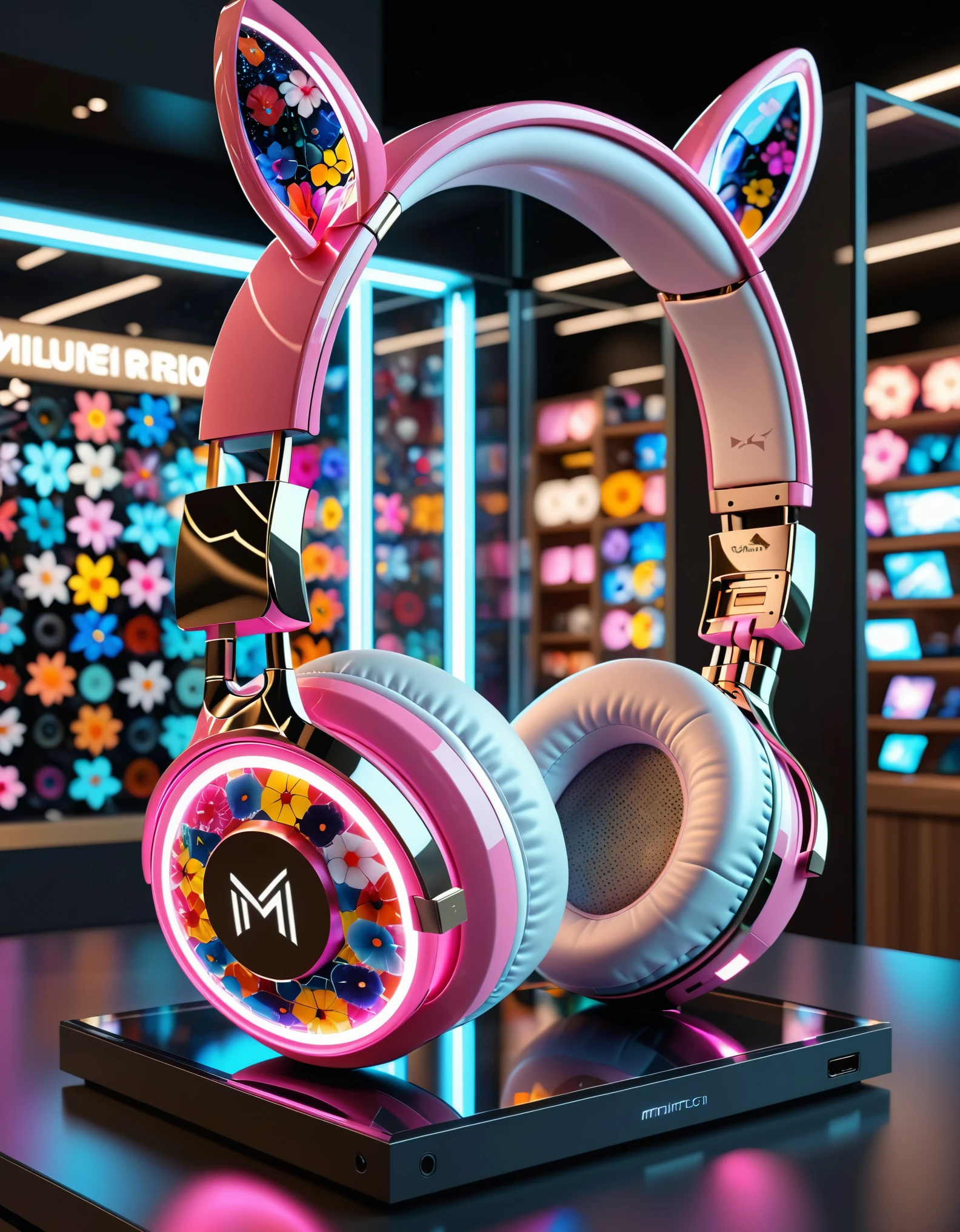 a futuristic rabbit ear headphones design, rabbit ears headphones:1.2, pink and white, sleek and streamlined, carbon fiber material, rabbit pattern, 3d render, octane render, 8k, UHD, highly detailed, on a glass display case, glowing, indoor lighting, hyper realism, in a store setting, front view,Millefiori glass style