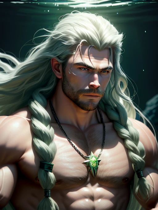 A photorealistic portrait of Chris Hemsworth with long white hair, as Poseidon God of the Seas, wearing a chain around his neck (glowing green chain:1.2) (in hand:1.2), cinematic rim light, very strong and fitted, intense action, dynamic juxtaposition, wearing royal clothes and holding a bronze trident with precious gems, warrior helmet and a sword, with a futuristic underwater kingdom as the background, fierce, tumblr contest winner, hurufiyya, very strong and masculine, movie still, cinematic lighting. photograph, detailed symmetric realistic face, extremely detailed natural texture, peach fuzz, long waived hair, masterpiece, absurdres, nikon d850 film stock photograph, kodak portra 400 camera f1.6 lens, extremely detailed, amazing, fine detail, hyper realistic lifelike texture, dramatic lighting, unrealengine, trending on artstation, cinestill 800 tungsten, looking at the viewer, photo realistic, RAW photo, TanvirTamim, high quality, highres, sharp focus, extremely detailed, cinematic lighting, 8k uhd,-imagine-