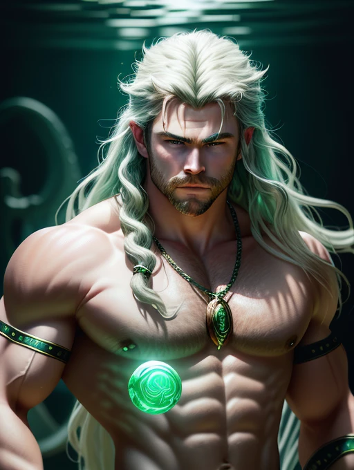 A photorealistic portrait of Chris Hemsworth with long white hair, as Poseidon God of the Seas, wearing a chain around his neck (glowing green chain:1.2) (in hand:1.2), cinematic rim light, very strong and fitted, intense action, dynamic juxtaposition, wearing royal clothes and holding a bronze trident with precious gems, warrior helmet and a sword, with a futuristic underwater kingdom as the background, fierce, tumblr contest winner, hurufiyya, very strong and masculine, movie still, cinematic lighting. photograph, detailed symmetric realistic face, extremely detailed natural texture, peach fuzz, long waived hair, masterpiece, absurdres, nikon d850 film stock photograph, kodak portra 400 camera f1.6 lens, extremely detailed, amazing, fine detail, hyper realistic lifelike texture, dramatic lighting, unrealengine, trending on artstation, cinestill 800 tungsten, looking at the viewer, photo realistic, RAW photo, TanvirTamim, high quality, highres, sharp focus, extremely detailed, cinematic lighting, 8k uhd,-imagine-