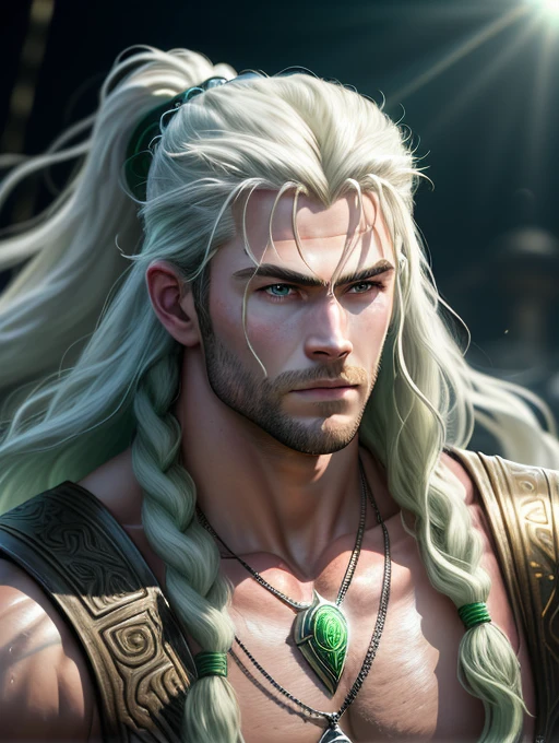 A photorealistic portrait of Chris Hemsworth with long white hair, as Poseidon God of the Seas, wearing a chain around his neck (glowing green chain:1.2) (in hand:1.2), cinematic rim light, very strong and fitted, intense action, dynamic juxtaposition, wearing royal clothes and holding a bronze trident with precious gems, warrior helmet and a sword, with a futuristic underwater kingdom as the background, fierce, tumblr contest winner, hurufiyya, very strong and masculine, movie still, cinematic lighting. photograph, detailed symmetric realistic face, extremely detailed natural texture, peach fuzz, long waived hair, masterpiece, absurdres, nikon d850 film stock photograph, kodak portra 400 camera f1.6 lens, extremely detailed, amazing, fine detail, hyper realistic lifelike texture, dramatic lighting, unrealengine, trending on artstation, cinestill 800 tungsten, looking at the viewer, photo realistic, RAW photo, TanvirTamim, high quality, highres, sharp focus, extremely detailed, cinematic lighting, 8k uhd,-imagine-