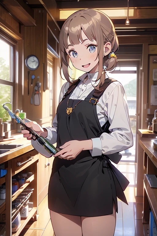 (highest quality:1.5),(8k,masterpiece, top quality, best quality,beautiful and aesthetic:1.2,professional illustrasion:1.1,ultra detail:1.3,perfect lighting),extremely detailed,highest detailed,incredibly absurdres , highres, ultra detailed,intricate:1.3,(Alchemy Workshop:1.4),A girl mixing,Medicine in many small bottles,colorful:1.4,zentangle,(1girl),(highly detailed beautiful face and eyes,firm breasts),real skin,((brown hair,short bob with short pony tail hair)),thin pubic hair:1.3,cute,lovely,17 years old,alchemist costume,smile,in the kitchen,smile,seductive weak smiling,(with sparkling eyes and a contagious smile),open mouth, Looking at Viewer,
