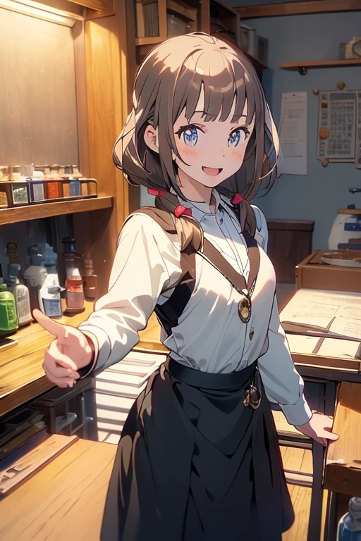 (highest quality:1.5),(8k,masterpiece, top quality, best quality,beautiful and aesthetic:1.2,professional illustrasion:1.1,ultra detail:1.3,perfect lighting),extremely detailed,highest detailed,incredibly absurdres , highres, ultra detailed,intricate:1.3,(Alchemy Workshop:1.4),A girl mixing,Medicine in many small bottles,colorful:1.4,zentangle,(1girl),(highly detailed beautiful face and eyes,firm breasts),real skin,((brown hair,short bob with short pony tail hair)),thin pubic hair:1.3,cute,lovely,17 years old,alchemist costume,smile,in the kitchen,smile,seductive weak smiling,(with sparkling eyes and a contagious smile),open mouth, Looking at Viewer,