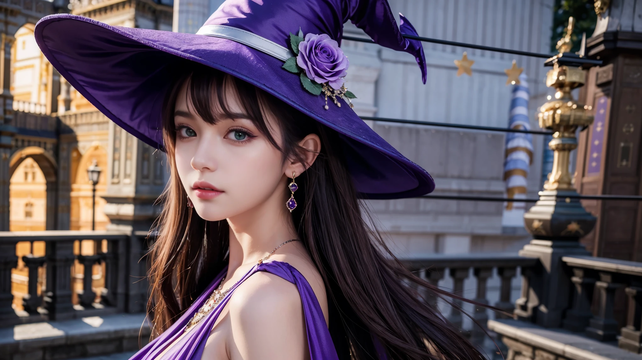 Beautiful girl, Perfect Face, Arms at your sides, masterpiece, Ultra-high resolution, high quality, 4K, Upper Body:1.5, Lisa (Genshin Impact), urple witch hat, Green Eyes, Brown Hair, (Purelos Face_v1:0.008), (European:1.6), bangs, dress, Rose, jewelry, witch, Capelet, Purple hat, Black gloves, Purple Flower, Hair between the eyes, purple Rose, Lips parted, purple Capelet, Hat Flower, multicolored dress, hair ornaments, windmill, From the side,