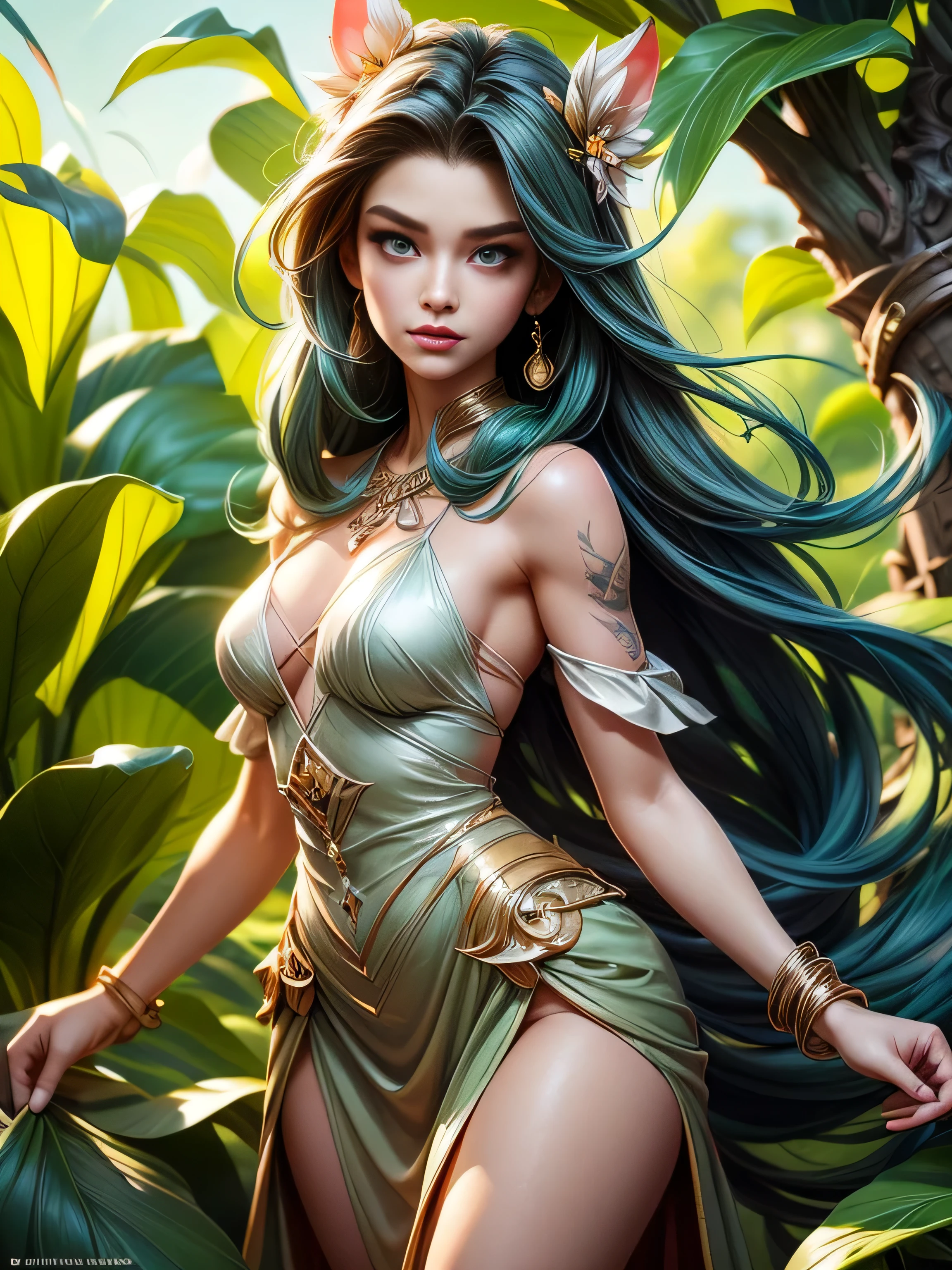 (Best Quality, 8K, Masterpiece, HDR, Soft Lighting, Picture Perfect, Realistic, Vivid), There is summer dale covered with flowers and grass and flying elemental wisps, There stand female sylph, she have beautiful face with green eyes, green eye shadows, and green lipstick, long windy emerald hair, and tattoos over all her body, arms and legs, she dressed in some sort of sexy top and skirt made of green leafs and flowers, and windy aura around her, (ultra high quality fantasy art, dark fantasy style, masterpiece, ultra high quality character design, 8k quality anime art, realistic anime art, top quality wallpaper illustration, detailed ultra high quality accurate face, high quality design and accurate physic), color difference, depth of field, dramatic shadow, ray tracing, best quality, highly detailed CG, 8K wallpaper, [Carefully rendered hair [Read more about beautiful and shiny hair]] ,(Perfect hand detail [ Beautiful fingers without breakage [Beautiful nails]],(Perfect anatomy (Perfect proportions)) [[Resembles the whole body]],[Perfect color coordination (Accurate imitation of the interaction of light and material)], [Fine art, conveying the meaning of the story]