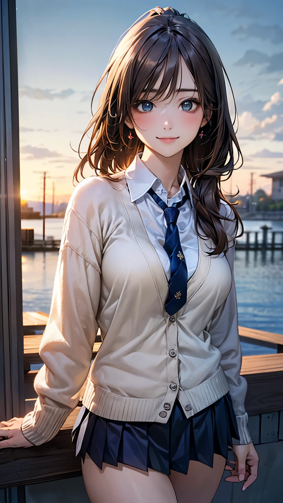 (masterpiece:1.2, top-quality), (realistic, photorealistic:1.4), beautiful illustration, (natural side lighting, movie lighting), 
looking at viewer, cowboy shot, front view:0.6, 1 girl, japanese, high school girl, perfect face, cute and symmetrical face, shiny skin, 
(long hair:1.4, high ponytail:1.7, light brown hair), hair between eye, emerald green eyes, long eye lasher, (large breasts:0.9, thick thighs), 
beautiful hair, beautiful face, beautiful detailed eyes, beautiful clavicle, beautiful body, beautiful chest, beautiful thigh, beautiful legs, beautiful fingers, 
((long sleeve white collared shirts, navy pleated miniskirt, light grey cardigan)), navy tie, pink panties, 
(beautiful scenery), evening, riverside, walking, hands on chest, (lovely smile, upper eyes), 