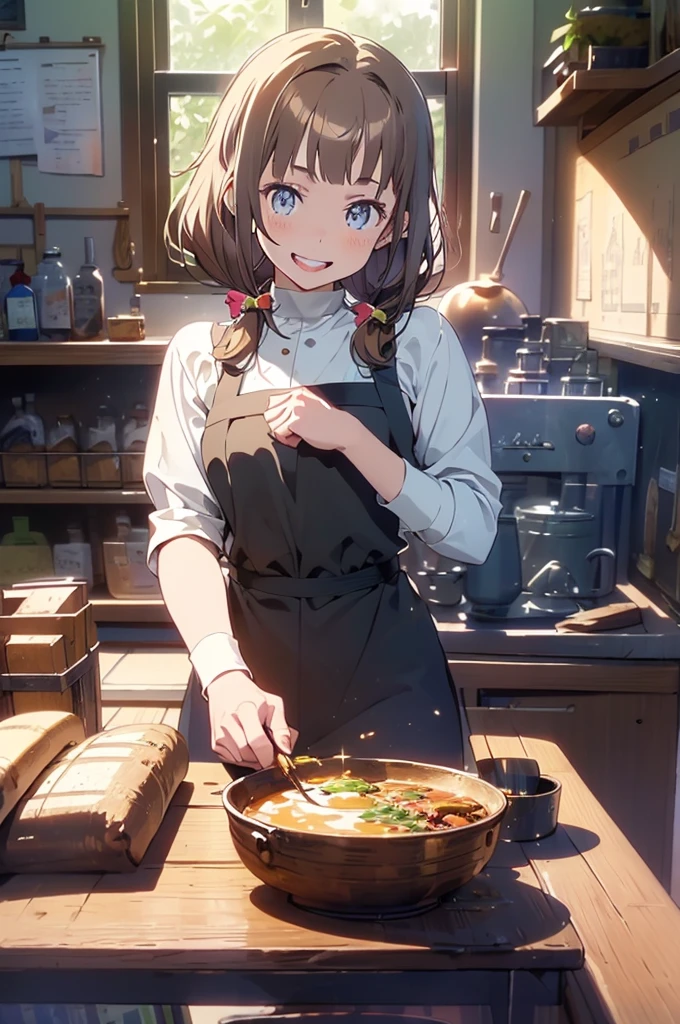 (highest quality:1.5),(8k,masterpiece, top quality, best quality,beautiful and aesthetic:1.2,professional illustrasion:1.1,ultra detail:1.3,perfect lighting),extremely detailed,highest detailed,incredibly absurdres , highres, ultra detailed,intricate:1.3,(Alchemy Workshop:1.4),A girl mixing,Medicine in many small bottles,colorful:1.4,zentangle,(1girl),(highly detailed beautiful face and eyes,firm breasts),real skin,((brown hair,short bob with short pony tail hair)),thin pubic hair:1.3,cute,lovely,,alchemist costume,smile,in the kitchen,smile,seductive weak smiling,(with sparkling eyes and a contagious smile),open mouth, Looking at Viewer,
