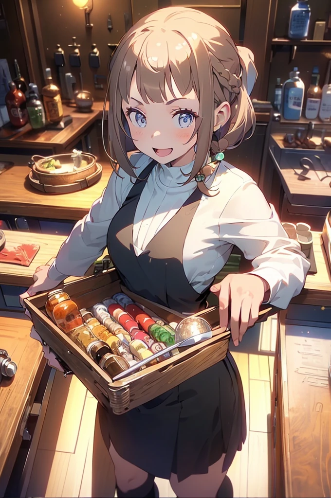 (highest quality:1.5),(8k,masterpiece, top quality, best quality,beautiful and aesthetic:1.2,professional illustrasion:1.1,ultra detail:1.3,perfect lighting),extremely detailed,highest detailed,incredibly absurdres , highres, ultra detailed,intricate:1.3,(Alchemy Workshop:1.4),A girl mixing,Medicine in many small bottles,colorful:1.4,zentangle,(1girl),(highly detailed beautiful face and eyes,firm breasts),real skin,((brown hair,short bob with short pony tail hair)),thin pubic hair:1.3,cute,lovely,17 years old,alchemist costume,smile,in the kitchen,smile,seductive weak smiling,(with sparkling eyes and a contagious smile),open mouth, Looking at Viewer,
