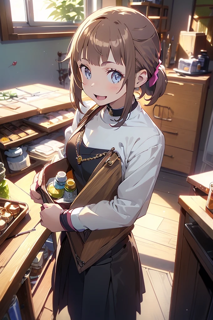 (highest quality:1.5),(8k,masterpiece, top quality, best quality,beautiful and aesthetic:1.2,professional illustrasion:1.1,ultra detail:1.3,perfect lighting),extremely detailed,highest detailed,incredibly absurdres , highres, ultra detailed,intricate:1.3,(Alchemy Workshop:1.4),A girl mixing,Medicine in many small bottles,colorful:1.4,zentangle,(1girl),(highly detailed beautiful face and eyes,firm breasts),real skin,((brown hair,short bob with short pony tail hair)),thin pubic hair:1.3,cute,lovely,17 years old,alchemist costume,smile,in the kitchen,smile,seductive weak smiling,(with sparkling eyes and a contagious smile),open mouth, Looking at Viewer,