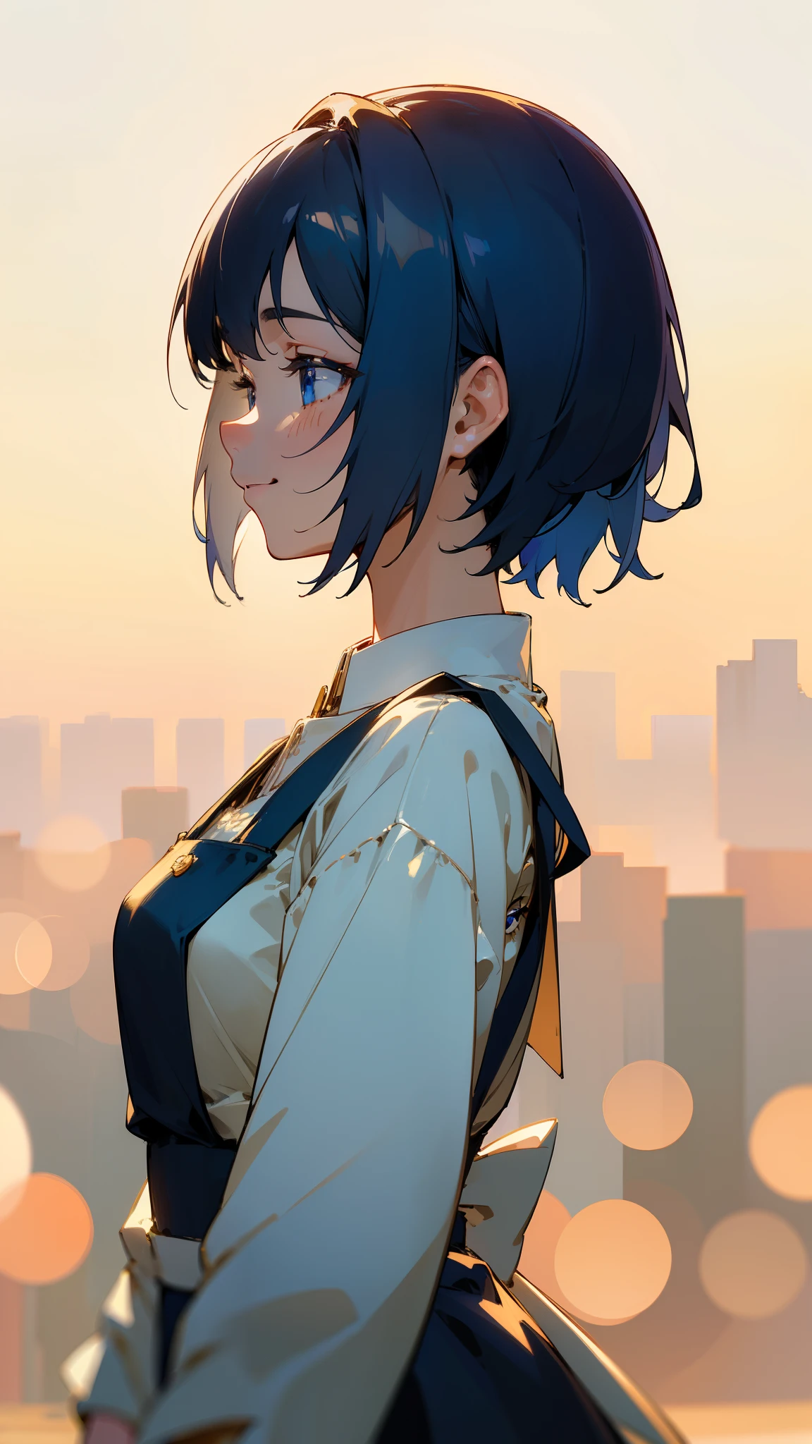 (masterpiece, highest quality)、Intricate details、8k、Sharp focus、(Bokeh) (highest quality) (Detailed skin:1.3) (Intricate details) (8k) (Fine grain) (anime)、Dark blue hair、Beautiful round blue eyes、Hair that falls over the shoulders、Short Hair、smile、smile、Apron dress、Side body、Upper body close-up、profile、Golden Hour Sky