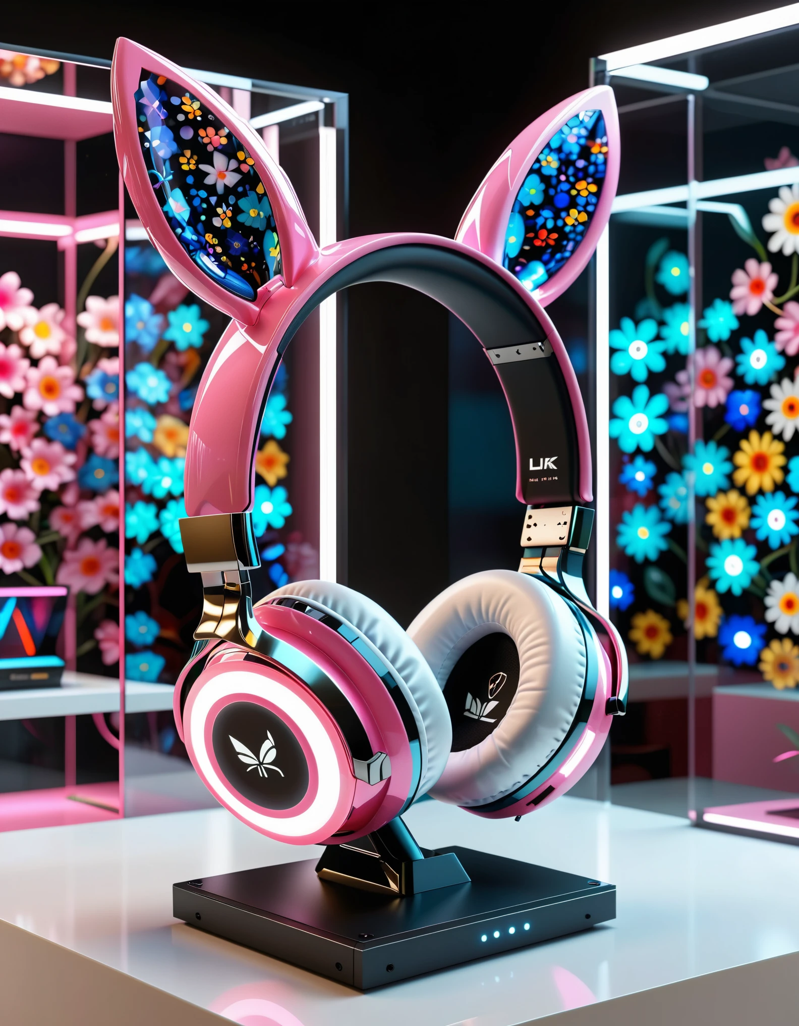 a futuristic rabbit ear headphones design, rabbit ears headphones:1.2, pink and white, sleek and streamlined, carbon fiber material, rabbit pattern, 3d render, octane render, 8k, UHD, highly detailed, on a glass display case, glowing, indoor lighting, hyper realism, in a store setting, front view,Millefiori glass style