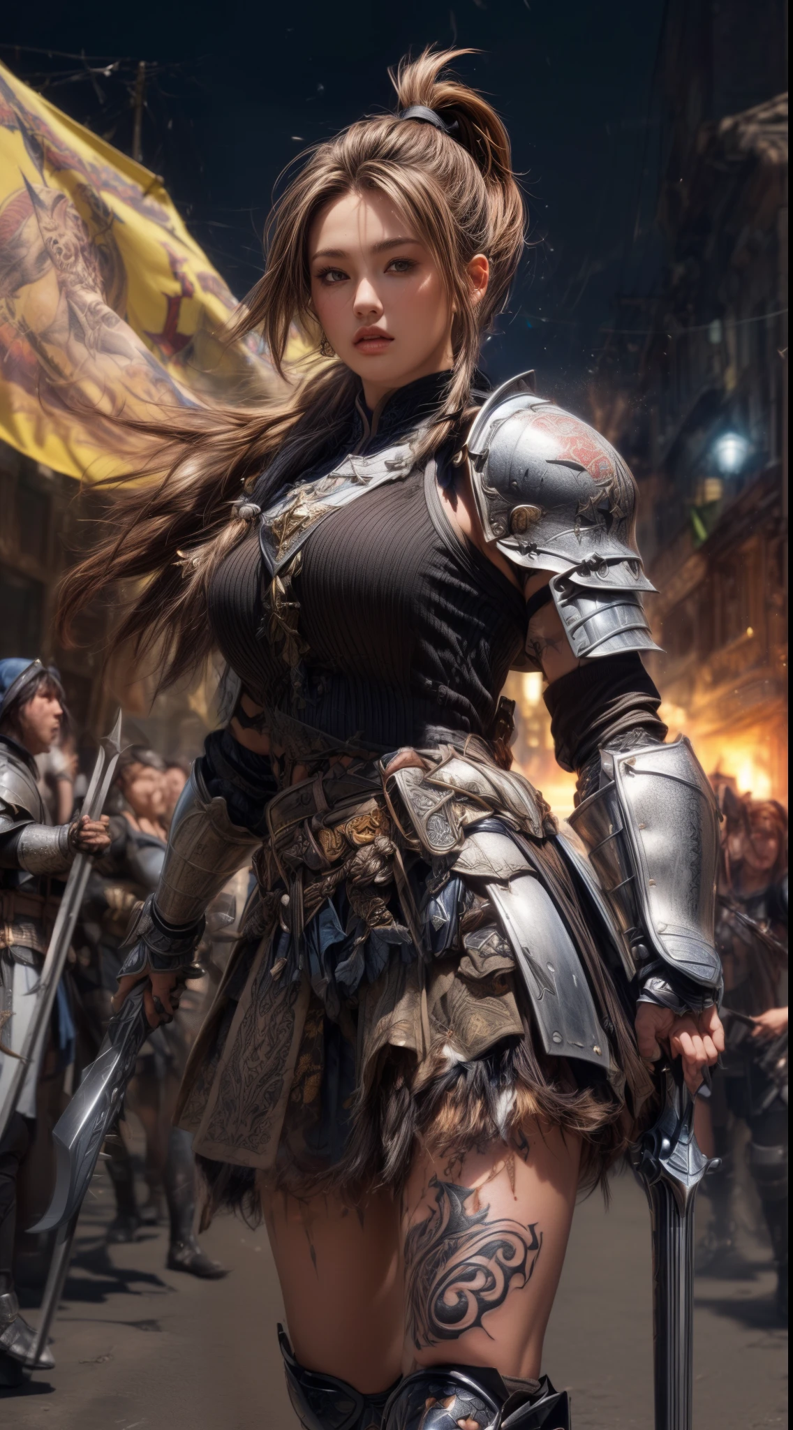 Very beautiful woman、Very tall woman、((muscle))、(Detailed face)、Realistic Skin、((Knights of the Earth)), (((Light brown and black armor:1.25)))、((((非常に繊細で装飾が施されたLight brown and black armor))))、((Delicate photo)),(Girl Astepeace RAW Photo Details:1.25), (highest quality:1.6), (超A high resolution:1.5), (Realistic:1.75), 8K resolution, Canon EOS R5, 50mm, Absurd, Ultra-detailed,Cinema Lighting,Battlefields of Medieval Europe、((battle))、RPG World、Final Fantasy、(((Embellished skirt)))、Thigh-high socks、Shin Guards、night、((((Messy center parted high ponytail))))、((Get six-pack))、Torn Cloak、((Beautiful Armor))、(((Huge weapons)))、In combat、The wind is blowing、(((Leading a large group of knights:1.3)))、(((Knight Commander)))、(Banner)、Great Ape Emblem、(((Light brown as the main color)))、(((black tribal tattoo)))、Dust、(Wearing fur)、(Rocky area)