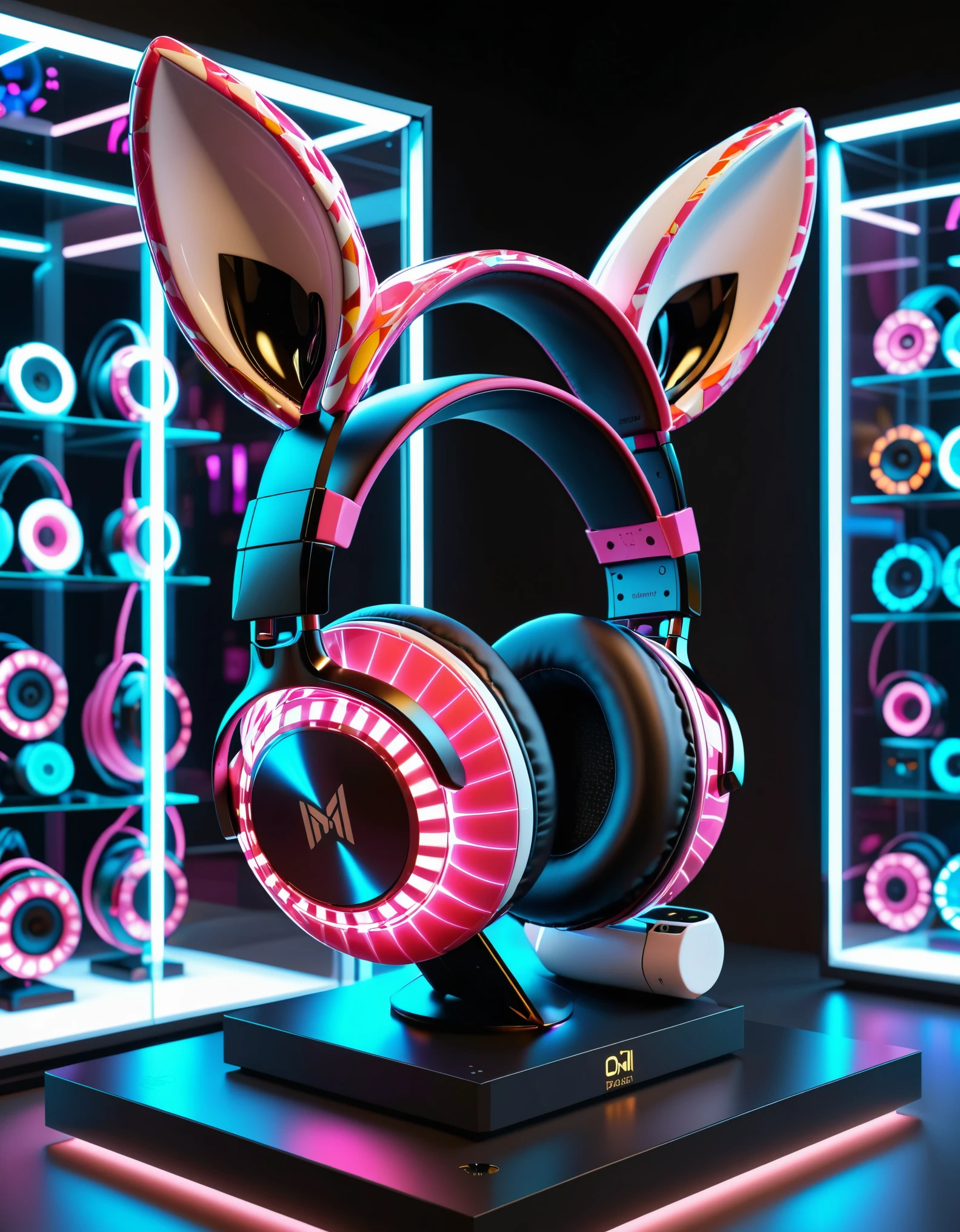 a futuristic rabbit ear headphones design, rabbit ears headphones:1.2, pink and white, sleek and streamlined, carbon fiber material, rabbit pattern, 3d render, octane render, 8k, UHD, highly detailed, on a glass display case, glowing, indoor lighting, hyper realism, in a store setting, front view,Millefiori glass style