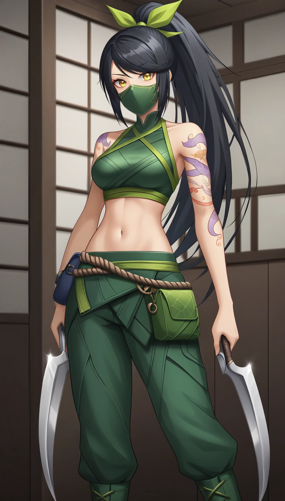 AkaliLoLXL, green mouth mask, yellow eyes, black hair, swept bangs, green ribbon, hair ribbon, long ponytail, arm tattoo, tattoo, medium breasts, bare shoulders, green crop top, leaf on hand, navel, rope belt, cylinder bag, hip vent, green pants, green boots, kunai, sickle, holding weapon, solo, standing, looking at viewer, indoors