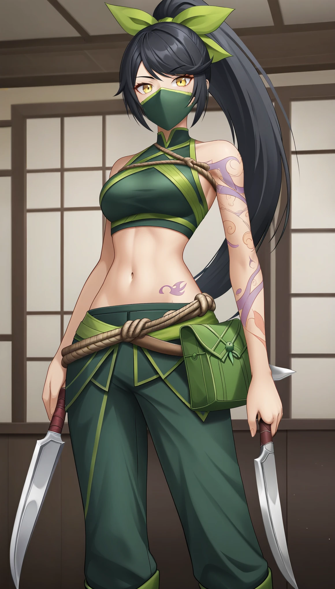 AkaliLoLXL, green mouth mask, yellow eyes, black hair, swept bangs, green ribbon, hair ribbon, long ponytail, arm tattoo, tattoo, medium breasts, bare shoulders, green crop top, leaf on hand, navel, rope belt, cylinder bag, hip vent, green pants, green boots, kunai, sickle, holding weapon, solo, standing, looking at viewer, indoors