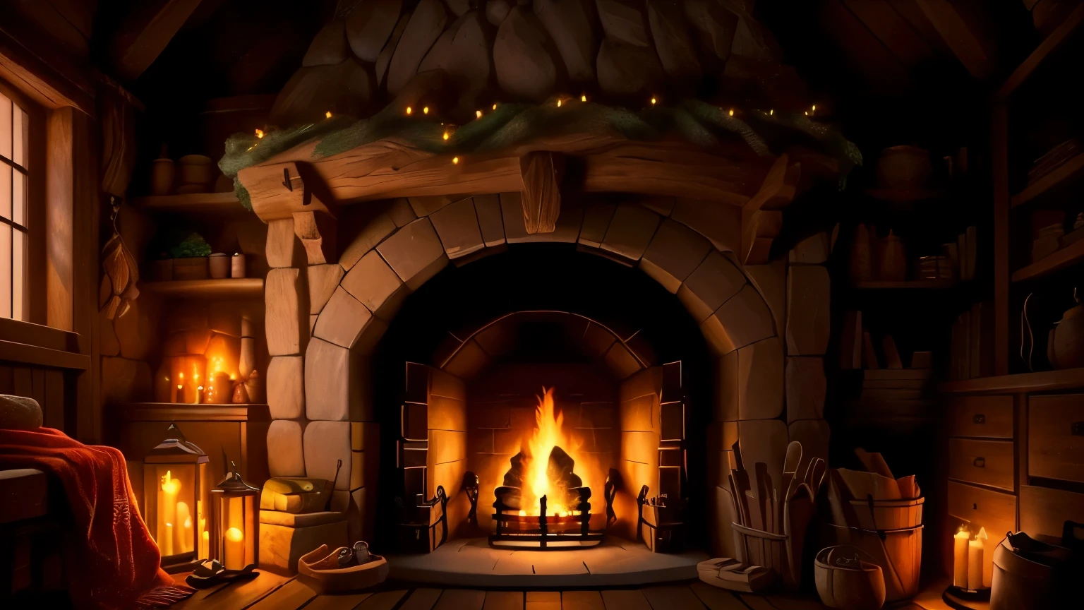 beautiful hobbit fireplace full of decorations and objects around lights