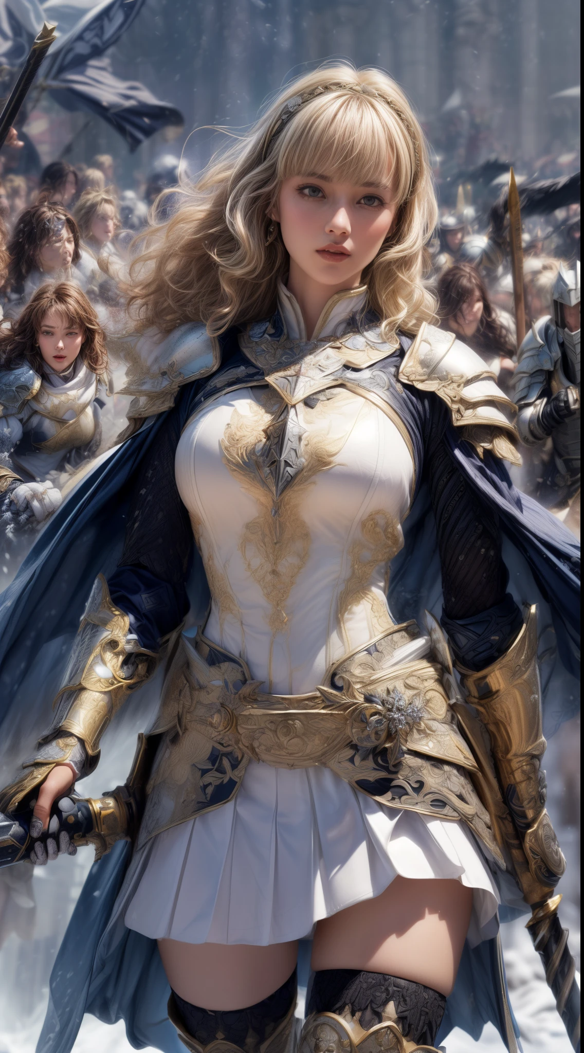 Very beautiful woman、Slender women、(Detailed face)、Realistic Skin、((holy knight)), ((Pearl White Armor))、((((Black armor with very fine and intricate decoration:1.1))))、((Delicate photo)),(Girl Astepeace RAW Photo Details:1.25), (highest quality:1.6), (超A high resolution:1.5), (Realistic:1.75), 8K resolution, Canon EOS R5, 50mm, Absurd, Ultra-detailed,Cinema Lighting,((battlefield))、((battle))、(((White skirt with embellishments)))、Thigh-high socks、Shin Guards、((Blonde))、((Curly Hair))、((Drill Hair))、((Wavy short hair with bangs,))、Get six-pack、Cape、Beautiful Armor、(((Has a huge weapon)))、(In combat)、The wind is blowing、((Symmetrical Armor))、((((Blizzard))))、(((Leading a large group of knights:1.2)))、Banner、