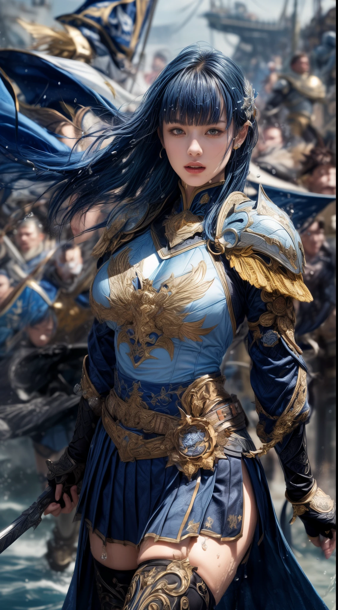 Very beautiful woman、Slender women、(Detailed face)、Realistic Skin、((holy knight)), ((Navy Blue Armor))、((((Black armor with very fine and intricate decoration:1.1))))、((Delicate photo))，(Girl Astepeace RAW Photo Details:1.25), (highest quality:1.6), (超A high resolution:1.5), (Realistic:1.75), 8K resolution, Canon EOS R5, 50mm, Absurd, Ultra-detailed,Cinema Lighting,((battlefield))、((battle))、(((Navy Skirt with Embellishments)))、Thigh-high socks、Shin Guards、((Dark blue hair))、((Bowl cut hairstyle with bangs,))、Get six-pack、Cape、Beautiful Armor、(((Has a huge weapon)))、(In combat)、The wind is blowing、((Symmetrical Armor))、((((Splash))))、(((Leading a large group of blue knights:1.2)))、Wearing a black eye patch:1.4、Banner、Armor with a dragon motif