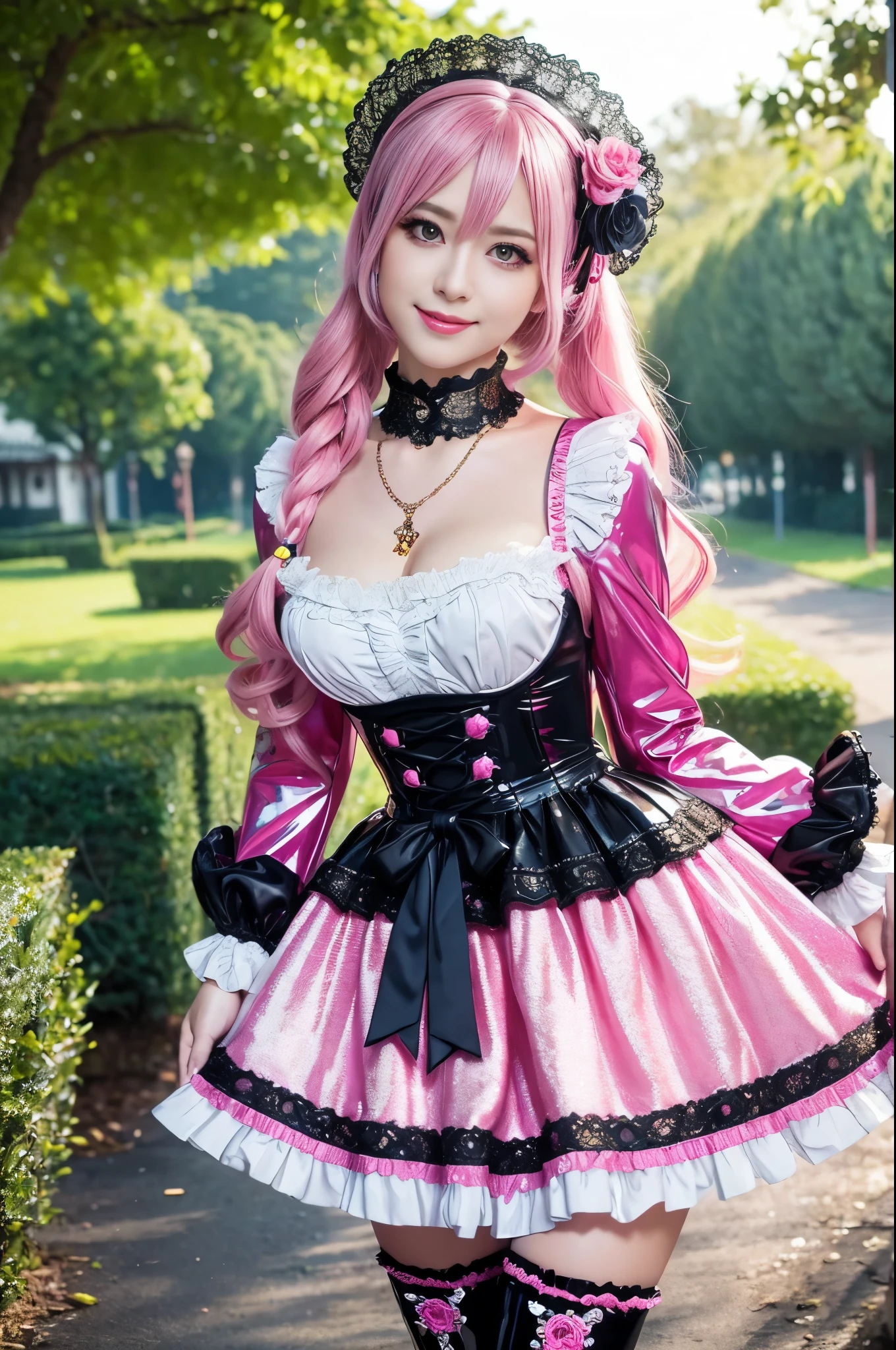 sexy stylish Swedish model, only 1 female, ((doll-like appearance)), long neon pink stylish hair, ((shiny Victorian-Style boots)), (big smile), ultra detailed eyes, vivid eye makeup, lipgloss, long lashes, defined eyebrows, ((sexy Paradise Kiss cosplay)), bell-shaped skirt, petticoats, high neckline, puffed sleeves, (( ultra detailed lace)), ((ultra detailed embroidery)), intricate details, Paradise Kiss accessoires and matching headpiece, choker, ((large sparkling Paradise Kiss jewelry)), cinematic light, detailed large park background with trees 