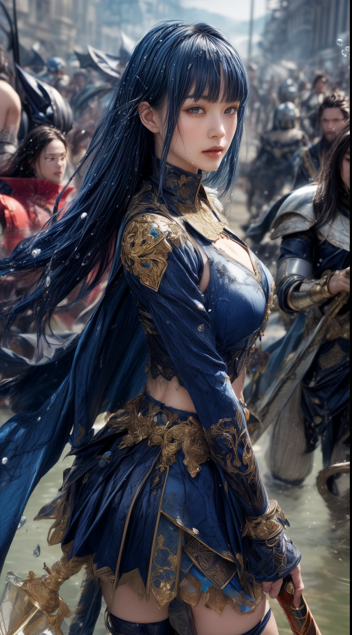 Very beautiful woman、Slender women、(Detailed face)、Realistic Skin、((holy knight)), ((Navy Blue Armor))、((((Black armor with very fine and intricate decoration:1.1))))、((Delicate photo)),(Girl Astepeace RAW Photo Details:1.25), (highest quality:1.6), (超A high resolution:1.5), (Realistic:1.75), 8K resolution, Canon EOS R5, 50mm, Absurd, Ultra-detailed,Cinema Lighting,((battlefield))、((battle))、(((Navy Skirt with Embellishments)))、Thigh-high socks、Shin Guards、((Dark blue hair))、((Bowl cut hairstyle with bangs,))、Get six-pack、Cape、Beautiful Armor、(((Has a huge weapon)))、(In combat)、The wind is blowing、((Symmetrical Armor))、((((Splash))))、(((Leading a large group of blue knights:1.2)))、Wearing a black eye patch:1.4、Banner、Armor with a dragon motif
