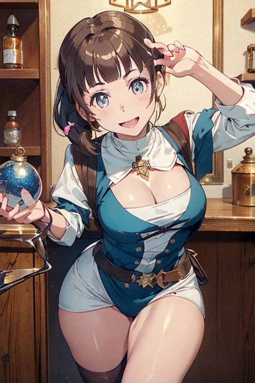 (highest quality:1.5),(8k,masterpiece, top quality, best quality,beautiful and aesthetic:1.2,professional illustrasion:1.1,ultra detail:1.3,perfect lighting),extremely detailed,highest detailed,incredibly absurdres , highres, ultra detailed,intricate:1.3,(Alchemy Workshop:1.4),A girl mixing,Medicine in many small bottles,colorful:1.4,zentangle,(1girl),(highly detailed beautiful face and eyes,firm breasts),real skin,((brown hair,short bob with short pony tail hair)),thin pubic hair:1.3,cute,lovely,,alchemist costume,smile,in the kitchen,smile,seductive weak smiling,(with sparkling eyes and a contagious smile),open mouth, Looking at Viewer,