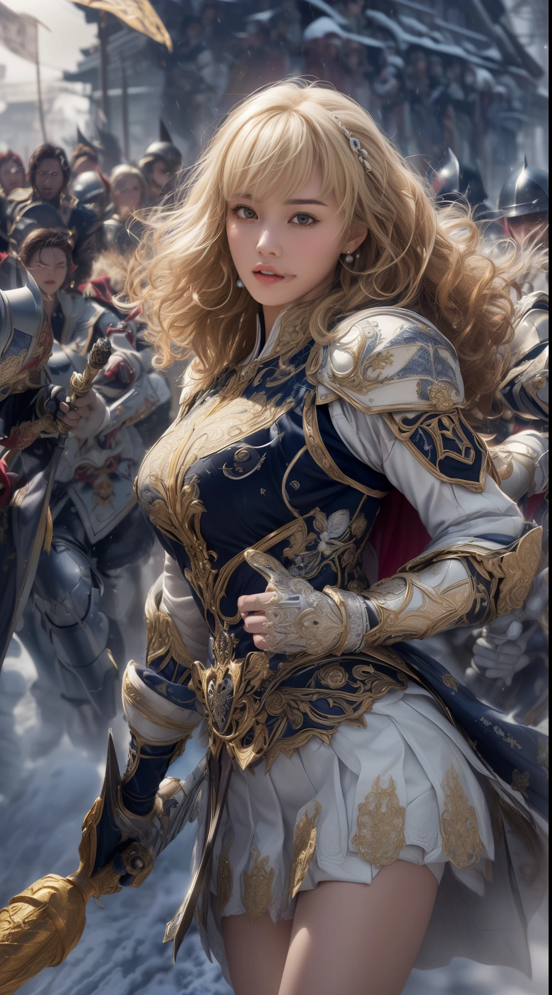 Very beautiful woman、Slender women、(Detailed face)、Realistic Skin、((holy knight)), ((Pearl White Armor))、((((Black armor with very fine and intricate decoration:1.1))))、((Delicate photo)),(Girl Astepeace RAW Photo Details:1.25), (highest quality:1.6), (超A high resolution:1.5), (Realistic:1.75), 8K resolution, Canon EOS R5, 50mm, Absurd, Ultra-detailed,Cinema Lighting,((battlefield))、((battle))、(((White skirt with embellishments)))、Thigh-high socks、Shin Guards、((Blonde))、((Curly Hair))、((Drill Hair))、((Wavy short hair with bangs,))、Get six-pack、Cape、Beautiful Armor、(((Has a huge weapon)))、(In combat)、The wind is blowing、((Symmetrical Armor))、((((Blizzard))))、(((Leading a large group of knights:1.2)))、Banner、